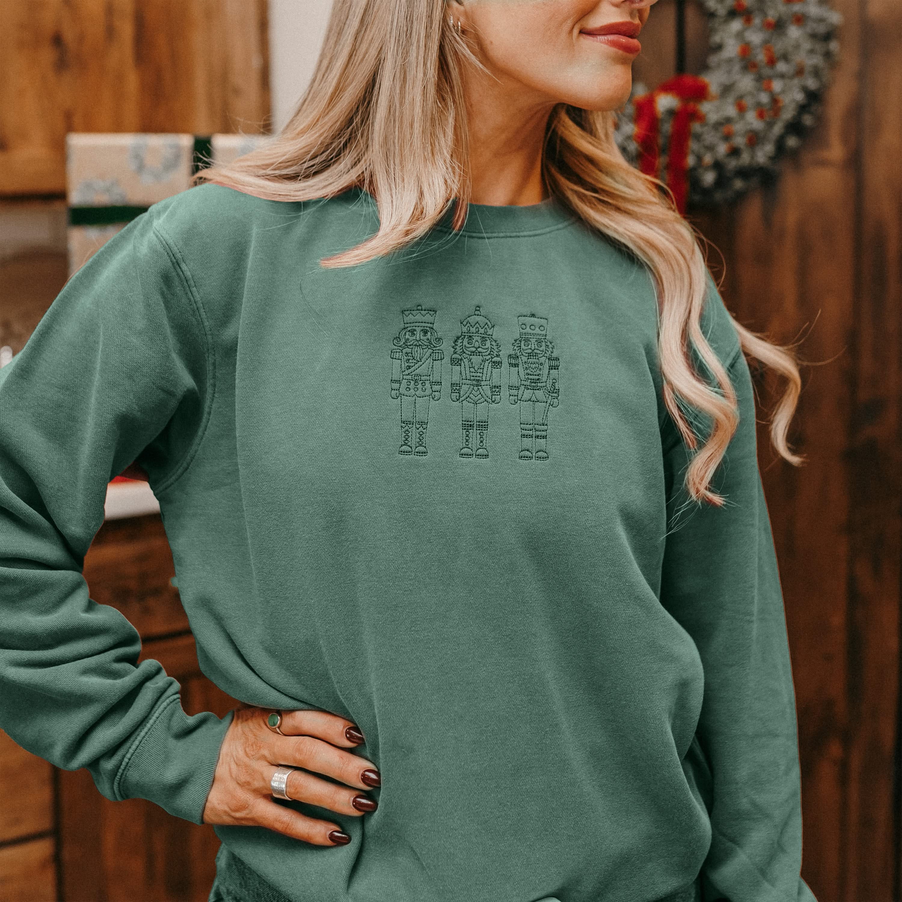 3 Nutcrackers Tone on Tone Embroidered Pigment Crewneck – Classic Holiday Sweatshirt | Little Mama Shirt Shop - Image 10