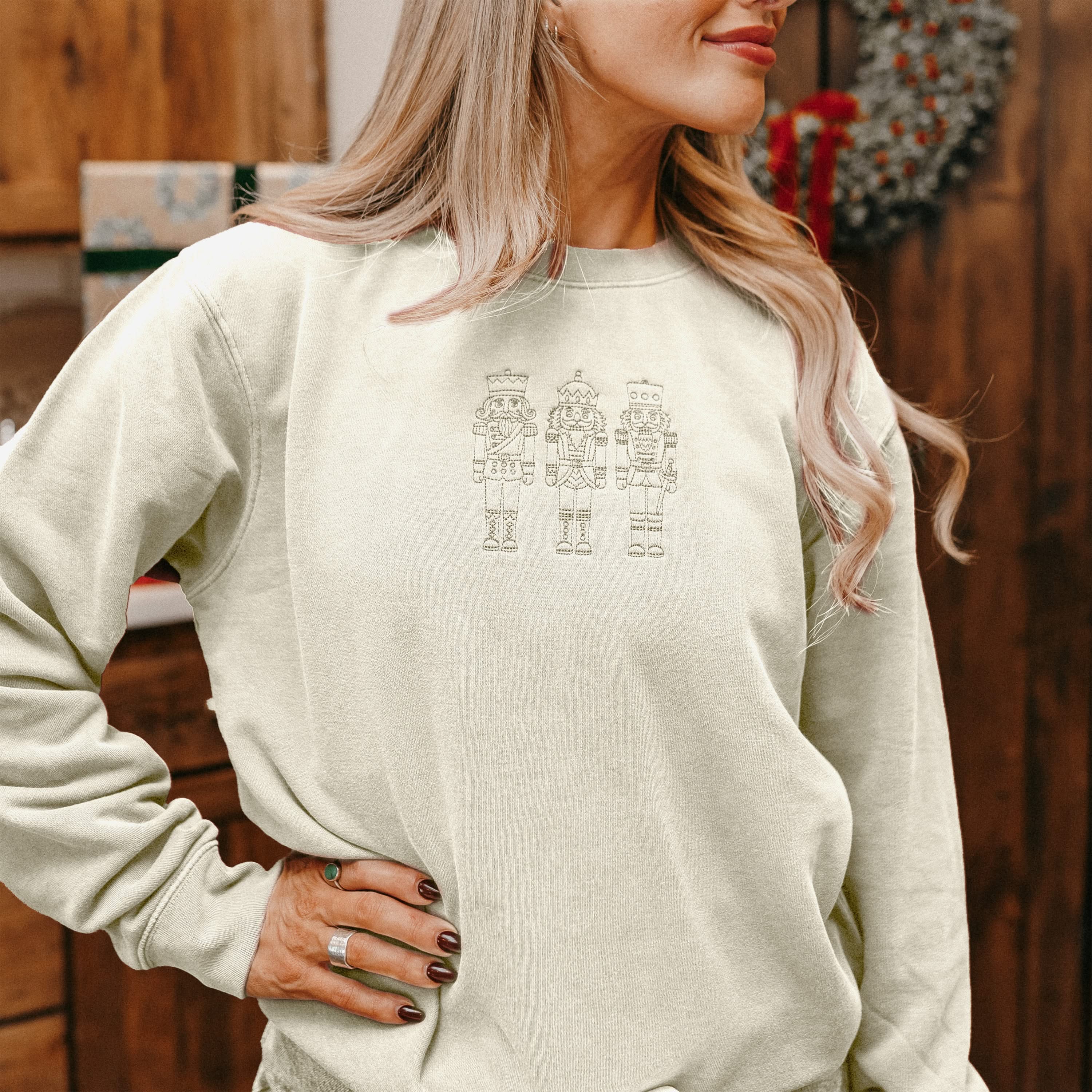 3 Nutcrackers Tone on Tone Embroidered Pigment Crewneck – Classic Holiday Sweatshirt | Little Mama Shirt Shop - Image 6