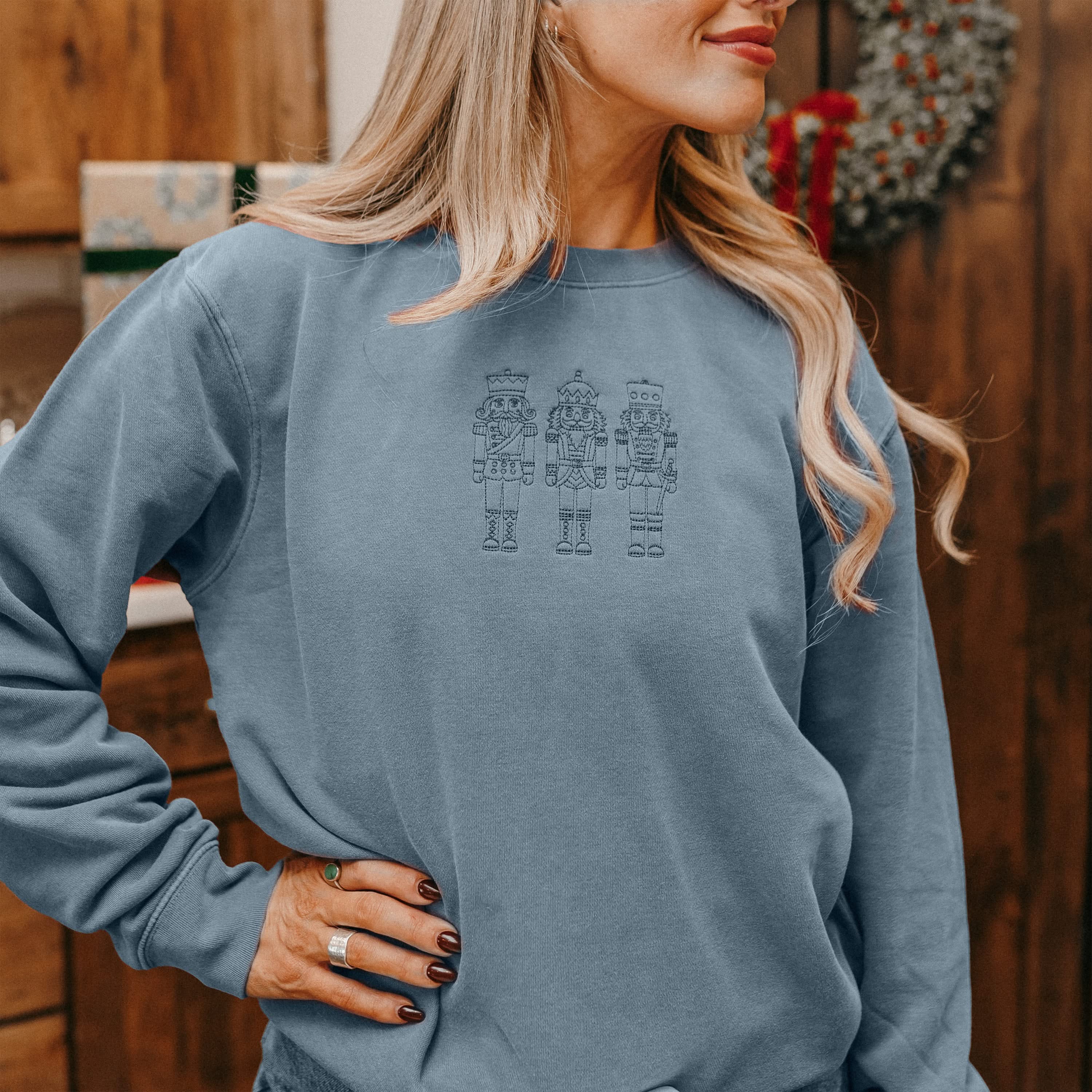 3 Nutcrackers Tone on Tone Embroidered Pigment Crewneck – Classic Holiday Sweatshirt | Little Mama Shirt Shop - Image 7