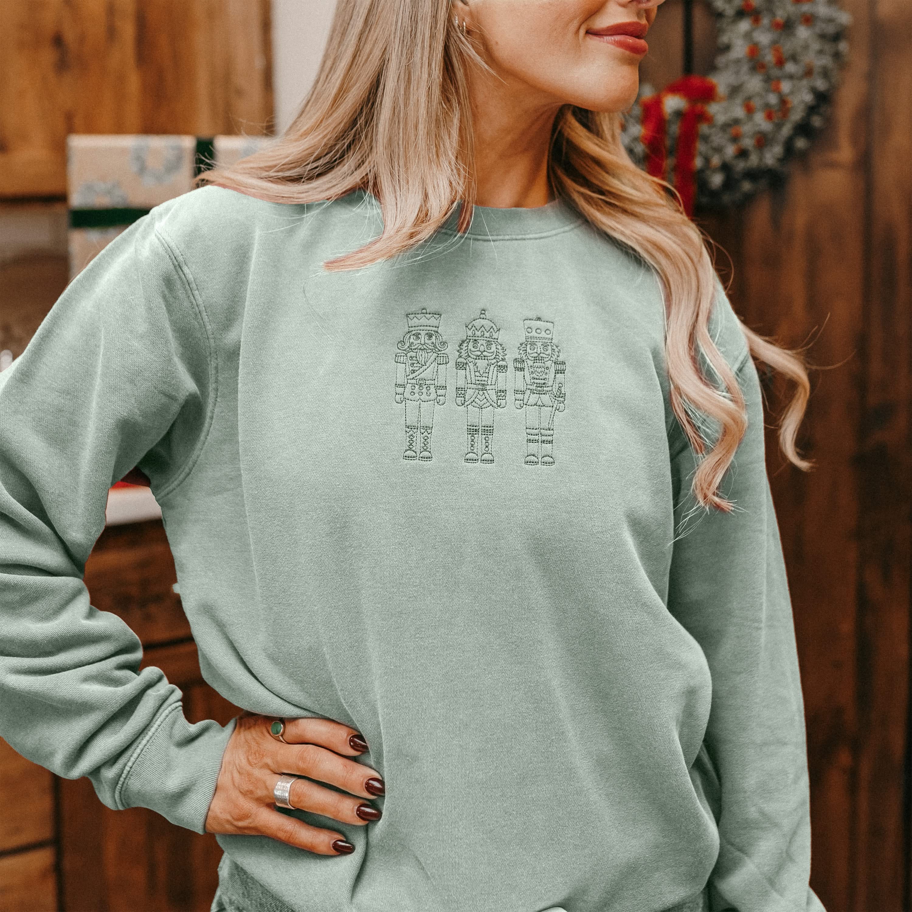 3 Nutcrackers Tone on Tone Embroidered Pigment Crewneck – Classic Holiday Sweatshirt | Little Mama Shirt Shop - Image 9