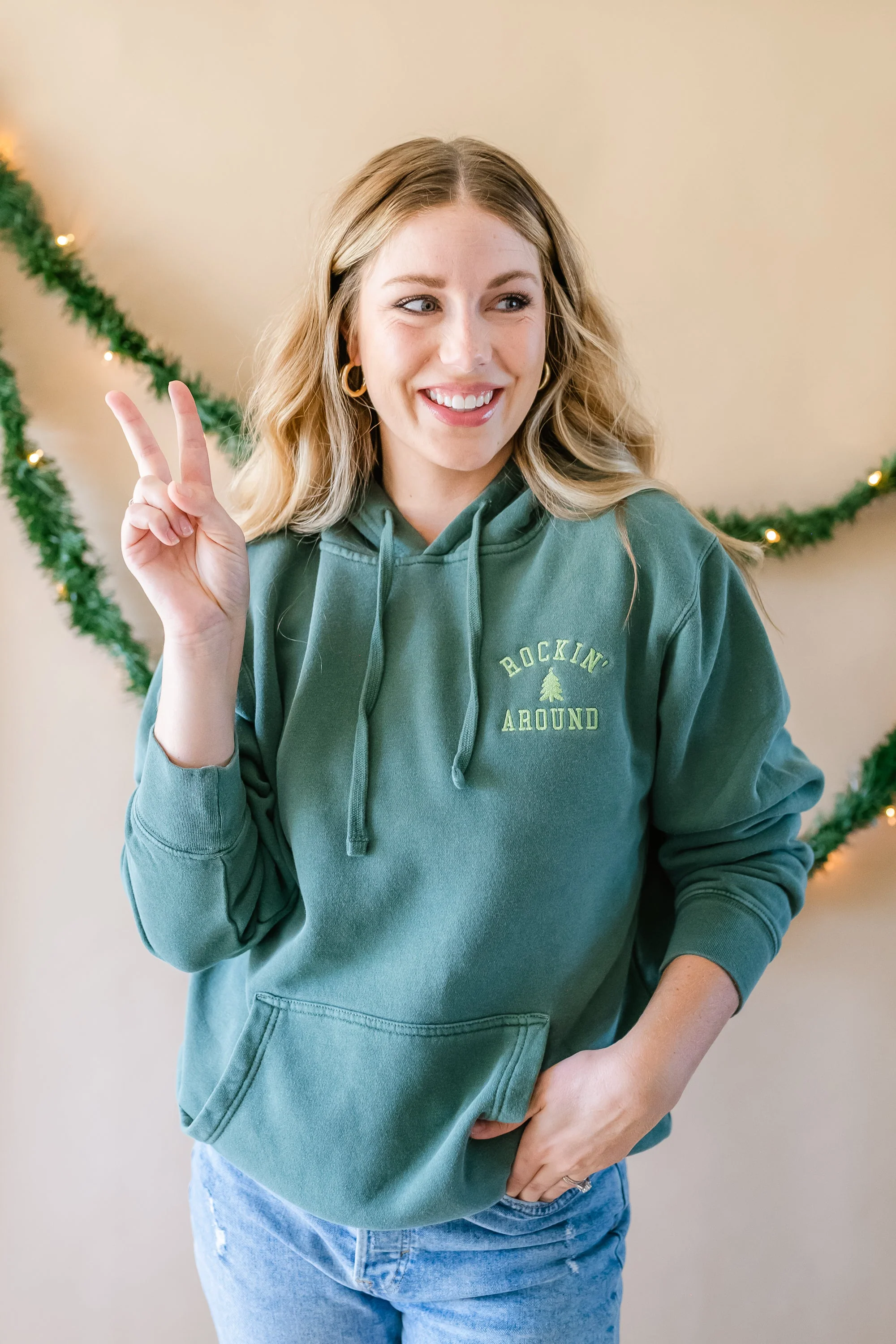 Rockin' Around (pocket) - Alpine Green w/ Lime Green Thread - Embroidered Pigment Hoodie - Image 2