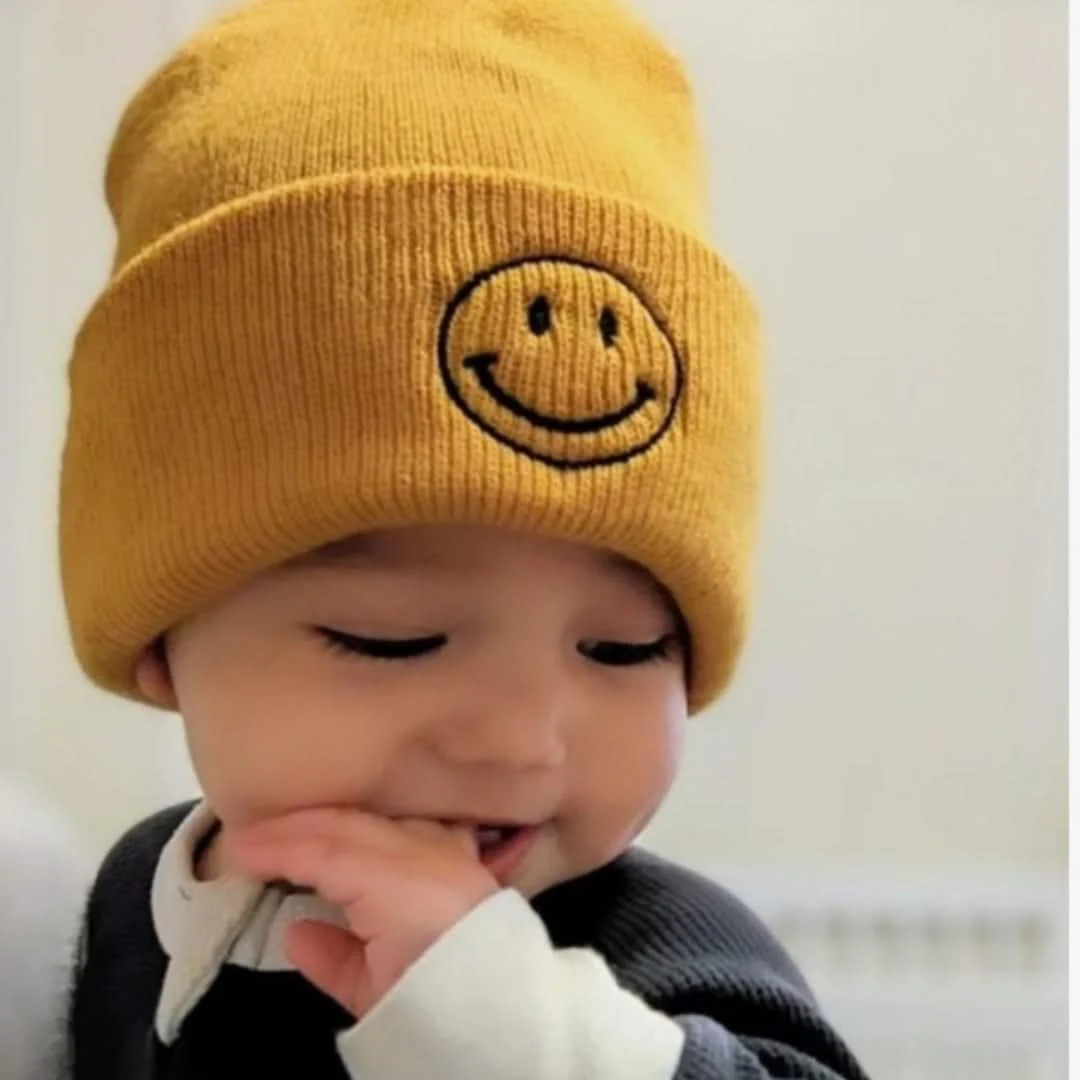 Smiley Face - Mustard w/ Black - Child Beanie - Image 2