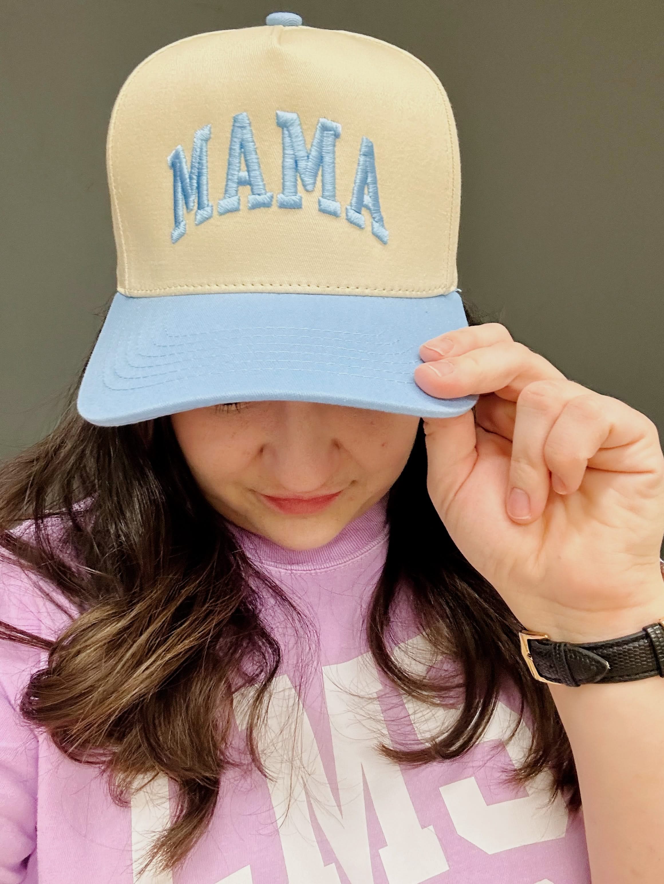 Embroidered Mama Hat | Natural Adjustable Cap with Pink or Blue Bill - Image 5