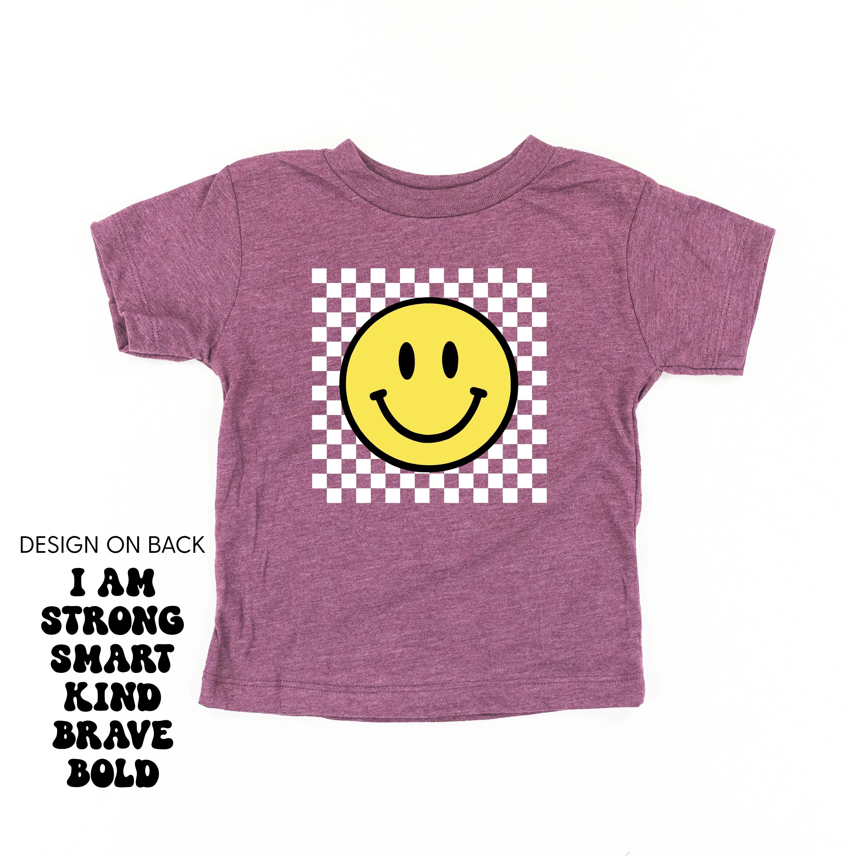 Big Yellow Checker Smiley - I am Strong Smart Kind Brave Bold (f & b) - Child Tee - Image 15