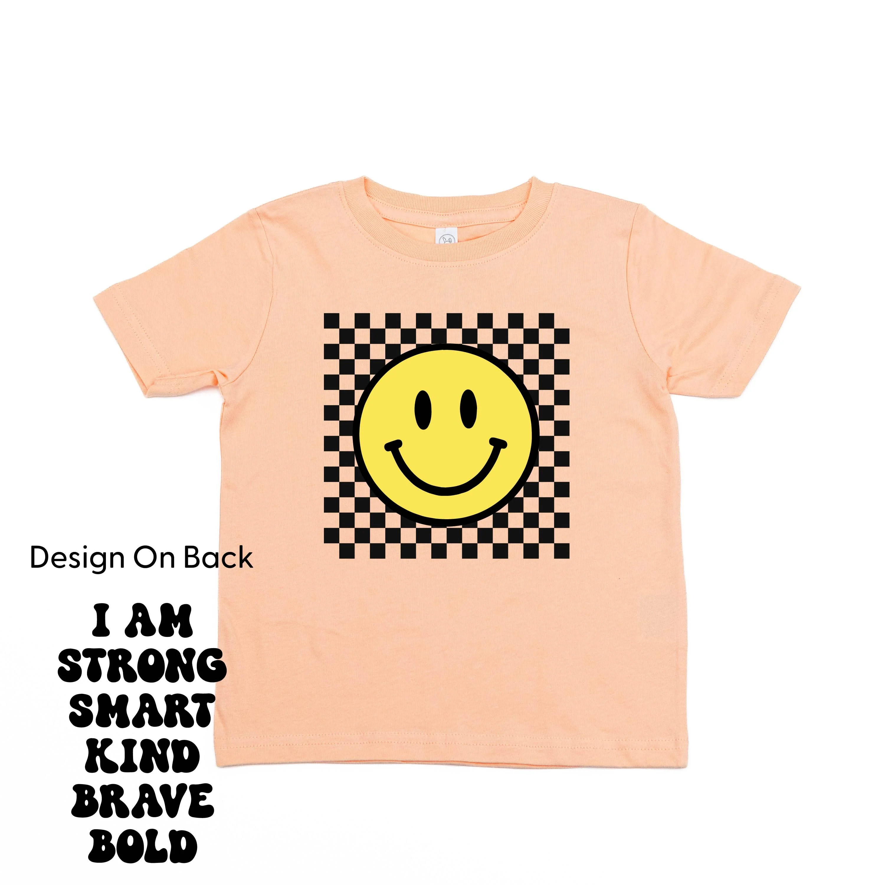 Big Yellow Checker Smiley - I am Strong Smart Kind Brave Bold (f & b) - Child Tee - Image 19