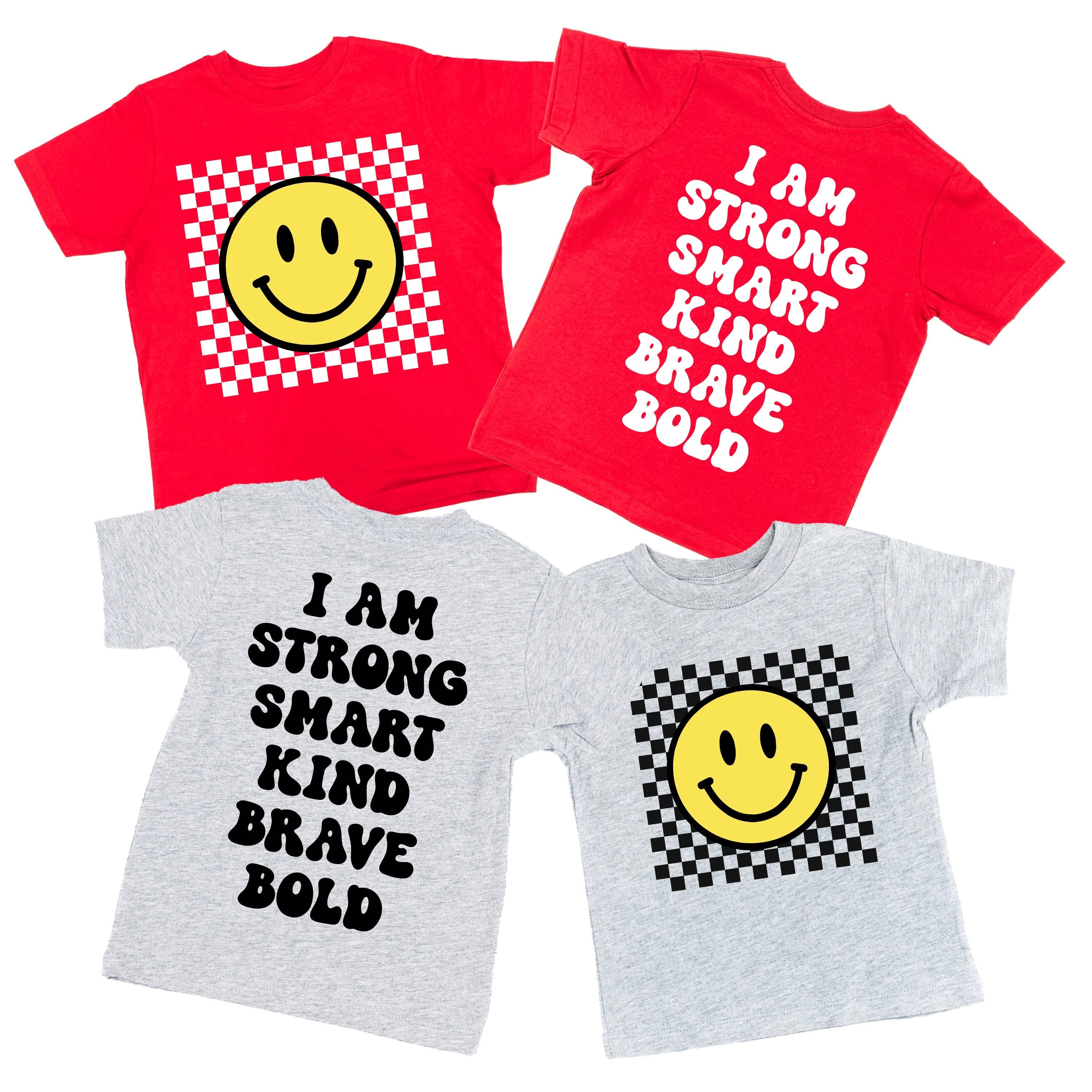 Big Yellow Checker Smiley - I am Strong Smart Kind Brave Bold (f & b) - Child Tee - Image 2