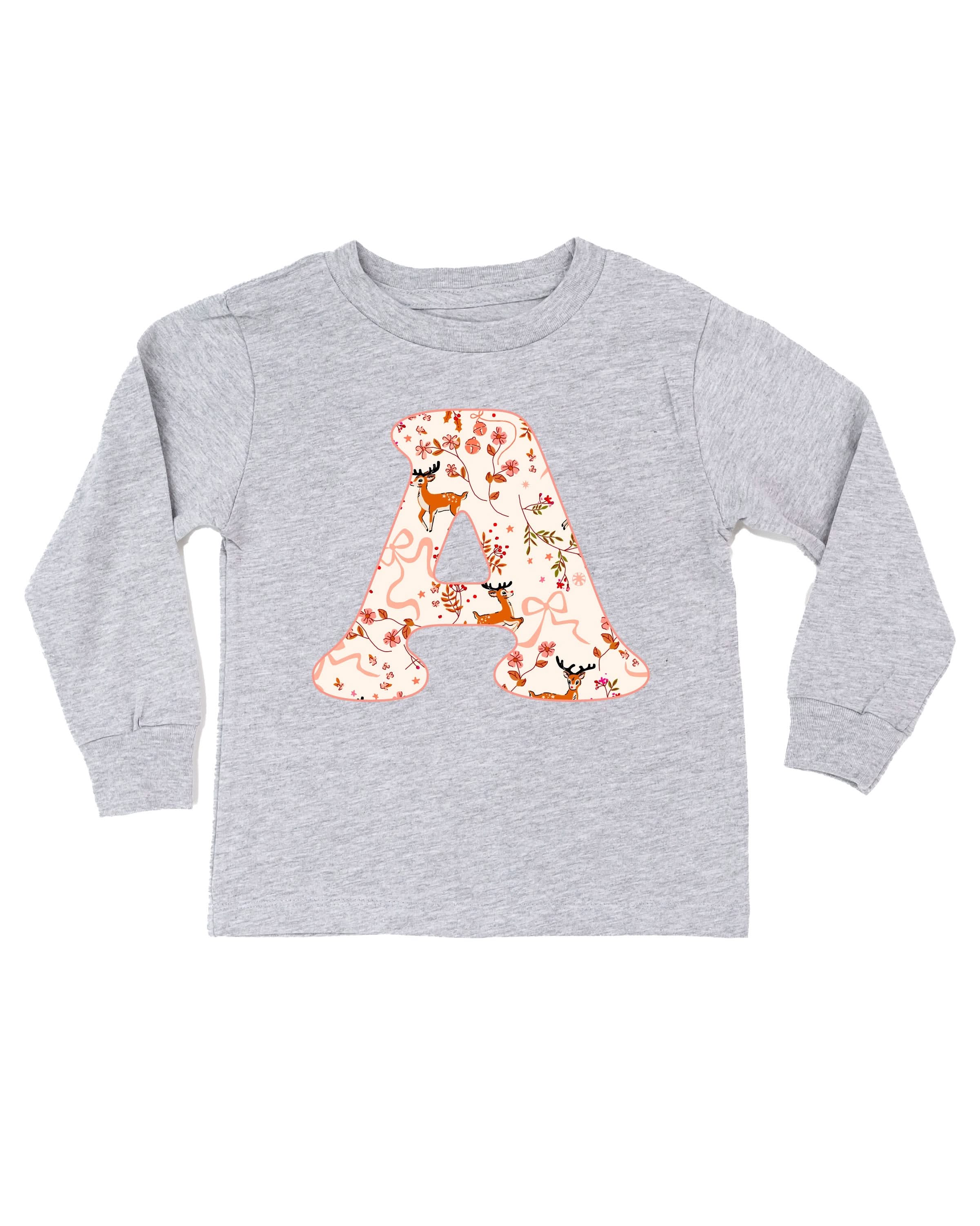 Christmas Patterned Initials Child Long Sleeve Tee – Personalized Holiday Letter Shirt | Little Mama Shirt Shop - Image 4