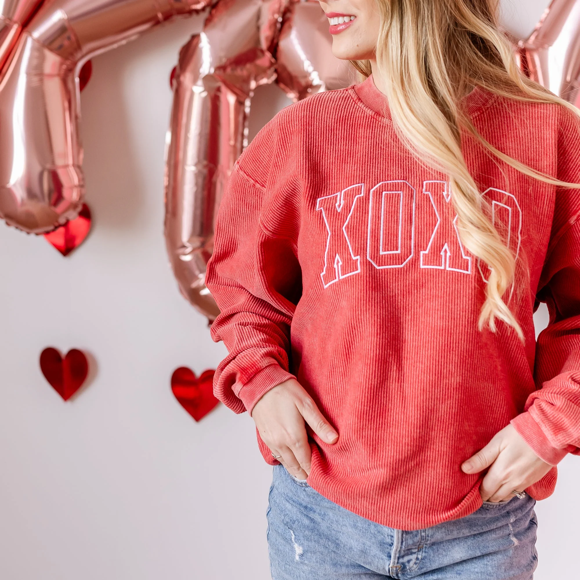 Embroidered Corded Sweatshirt - XOXO - Outline - Red or Blush - Image 4