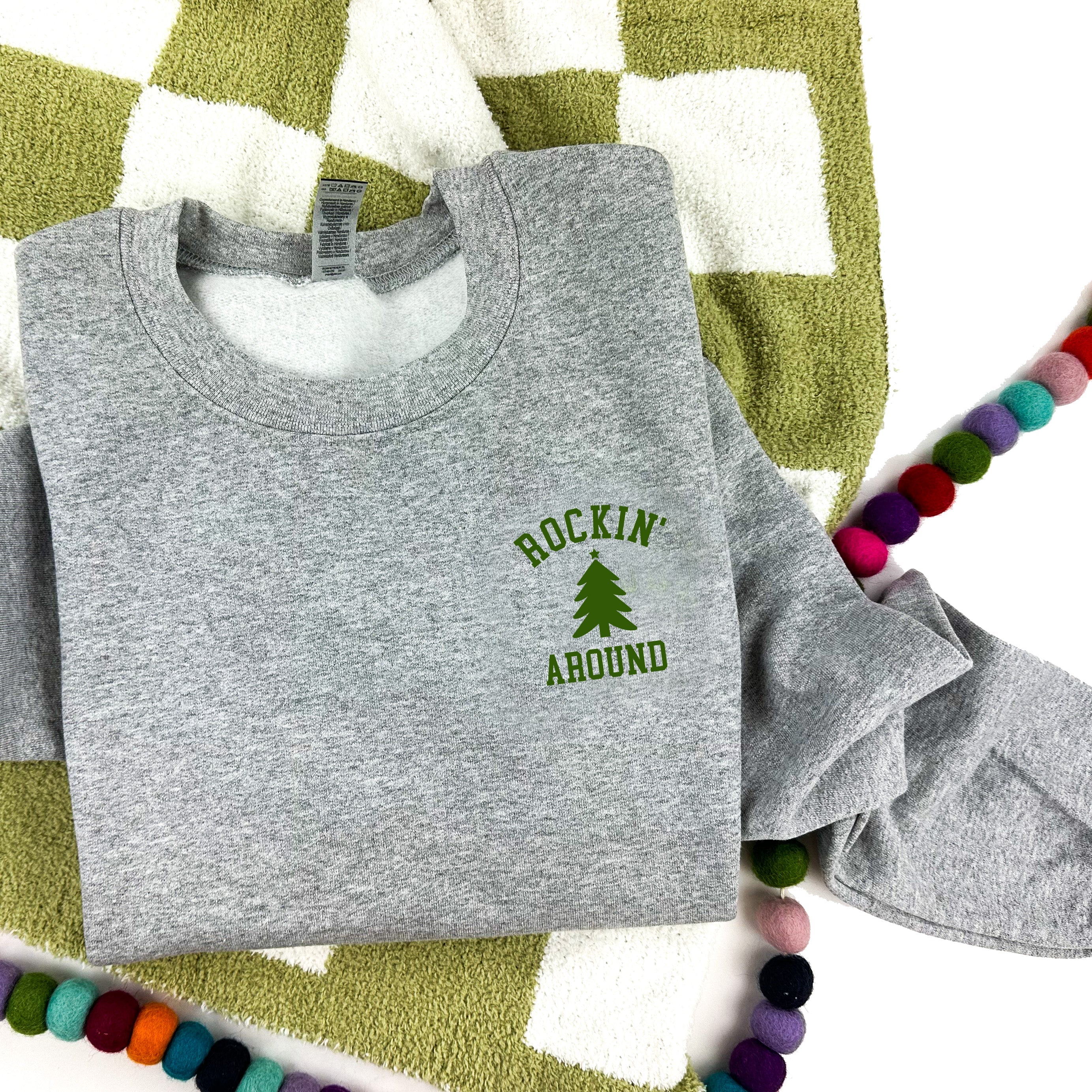 Rockin' Around (pocket) - Gray w/ Dark Green Thread - Embroidered Basic Fleece