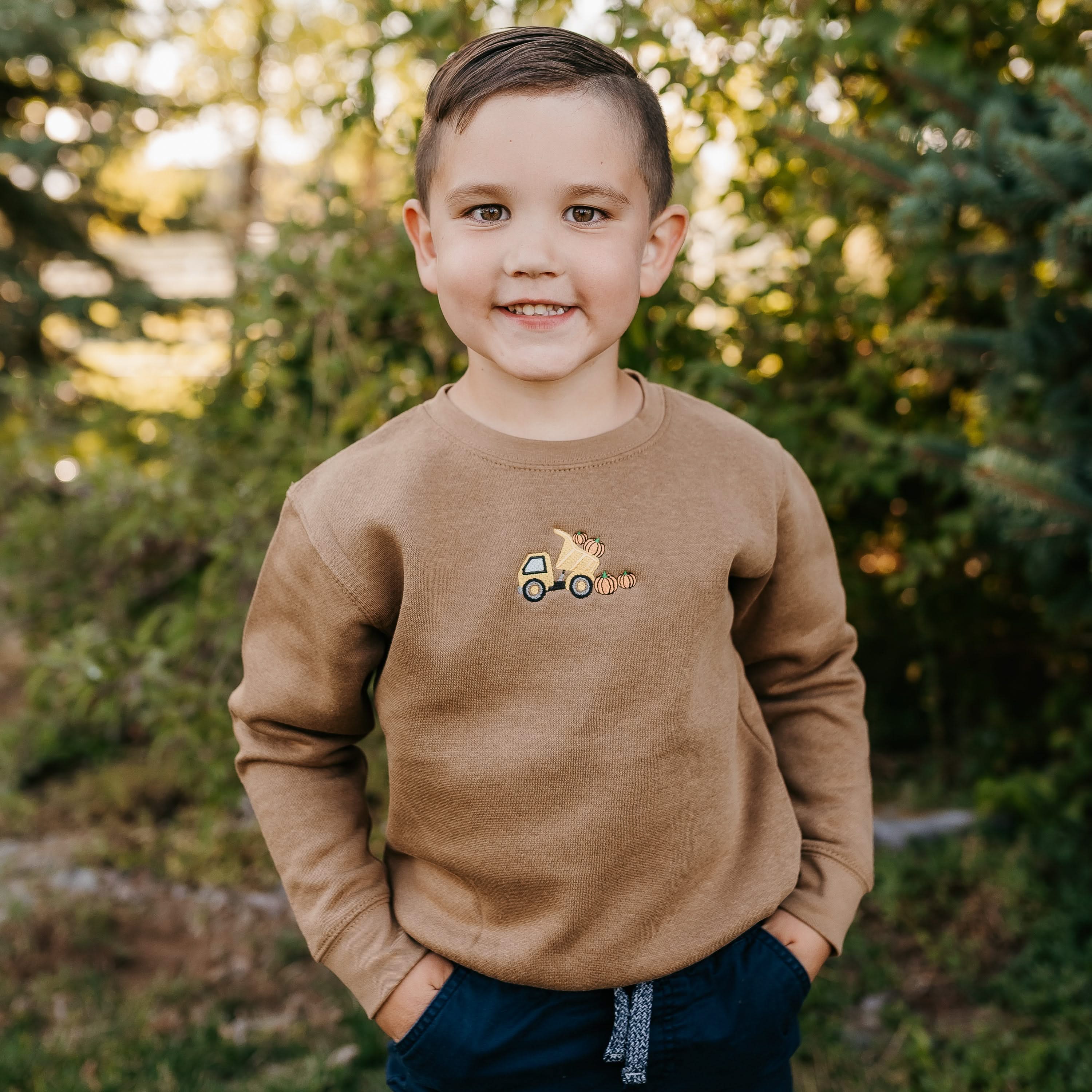 Embroidered Child Sweater - Dump Truck w/ Pumpkins (center) - Image 2