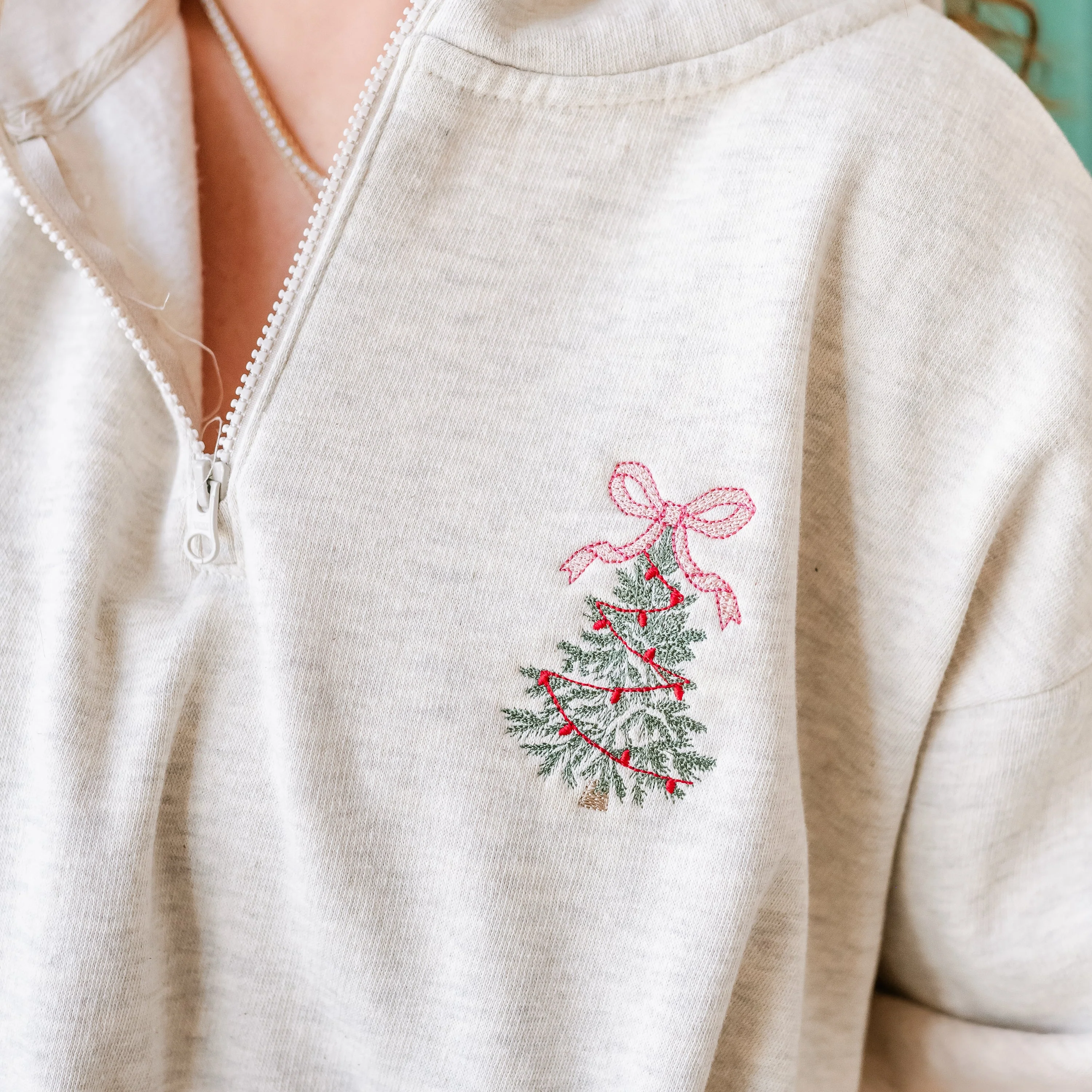 Christmas Tree w/ Bow - Embroidered Oatmeal Quarter Zip Fleece - Image 2