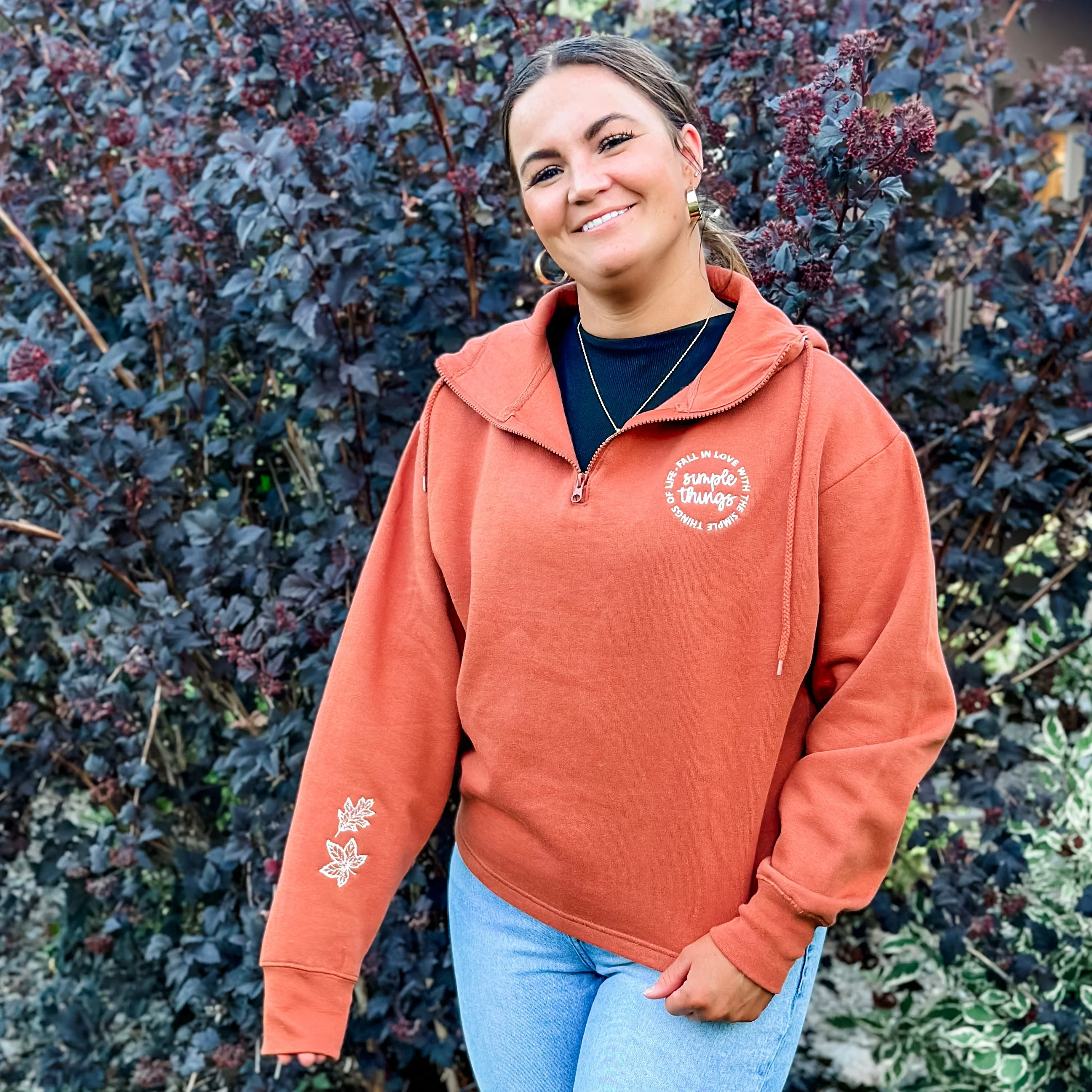 Embroidered Copper Quarter Zip Fleece - Fall in Love with the Simple Things - Leaves (pocket&sd)