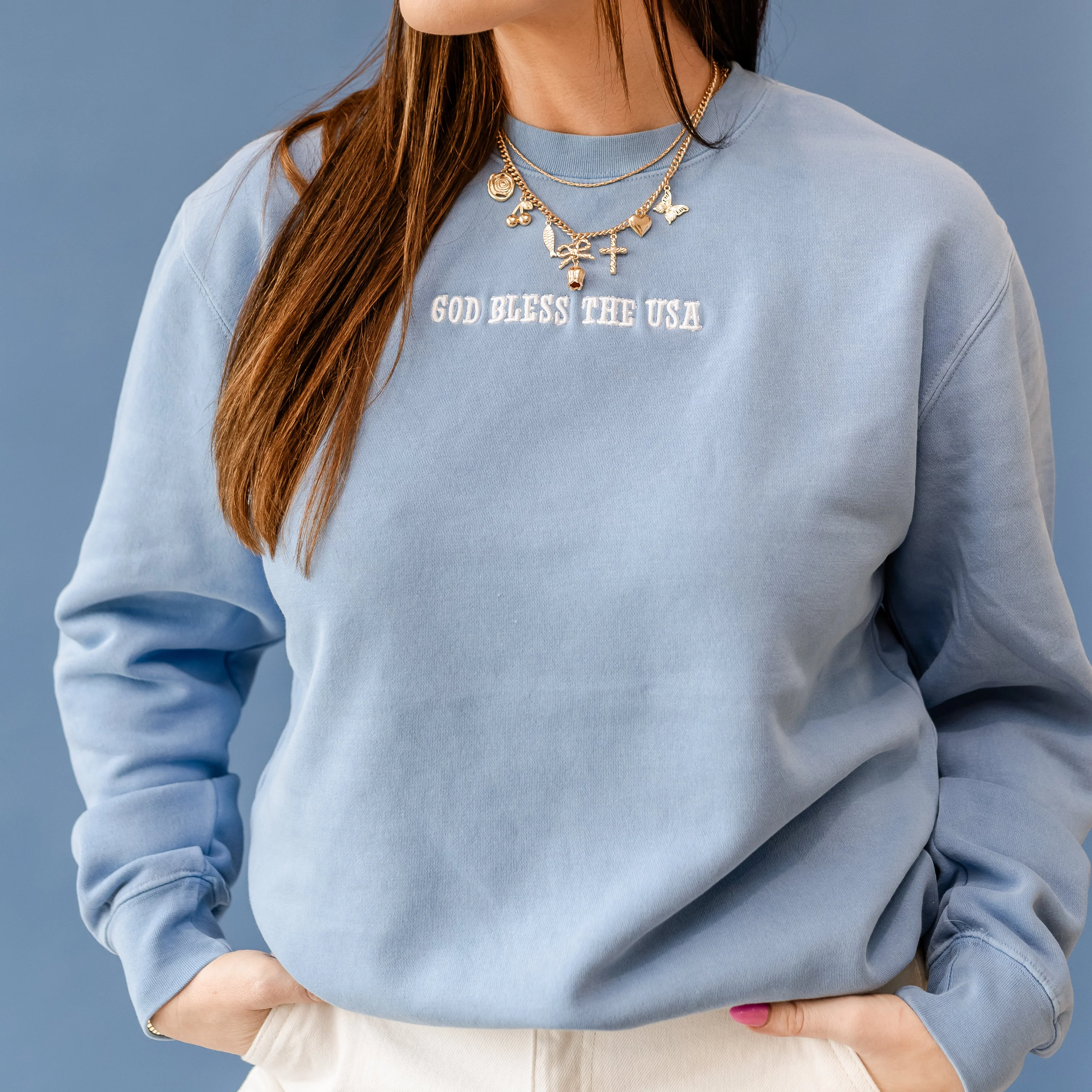 Embroidered PIGMENT Crewneck - God Bless the USA (center)