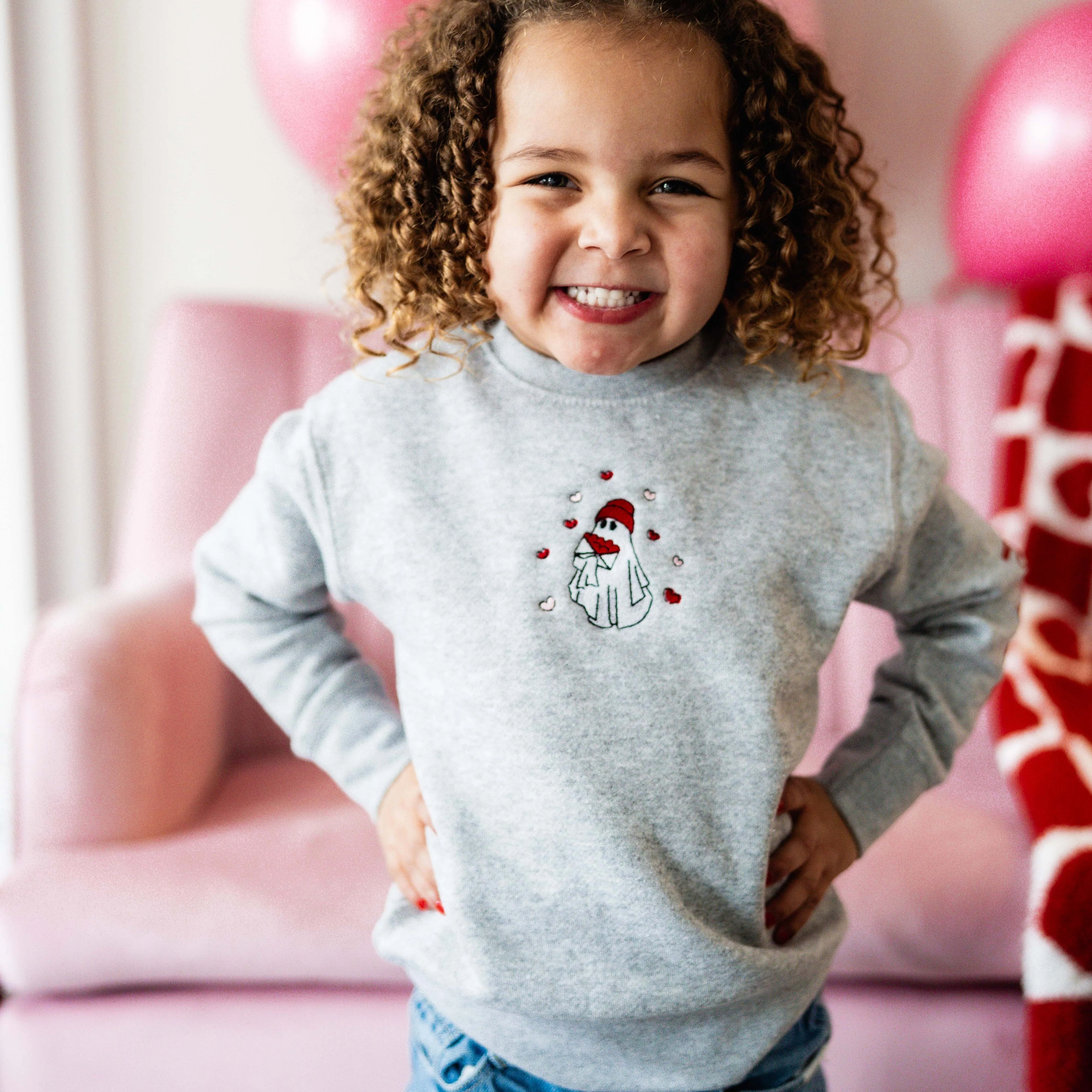 Embroidered/Printed - Hey Boo (Valentine Ghost) - Child Sweater