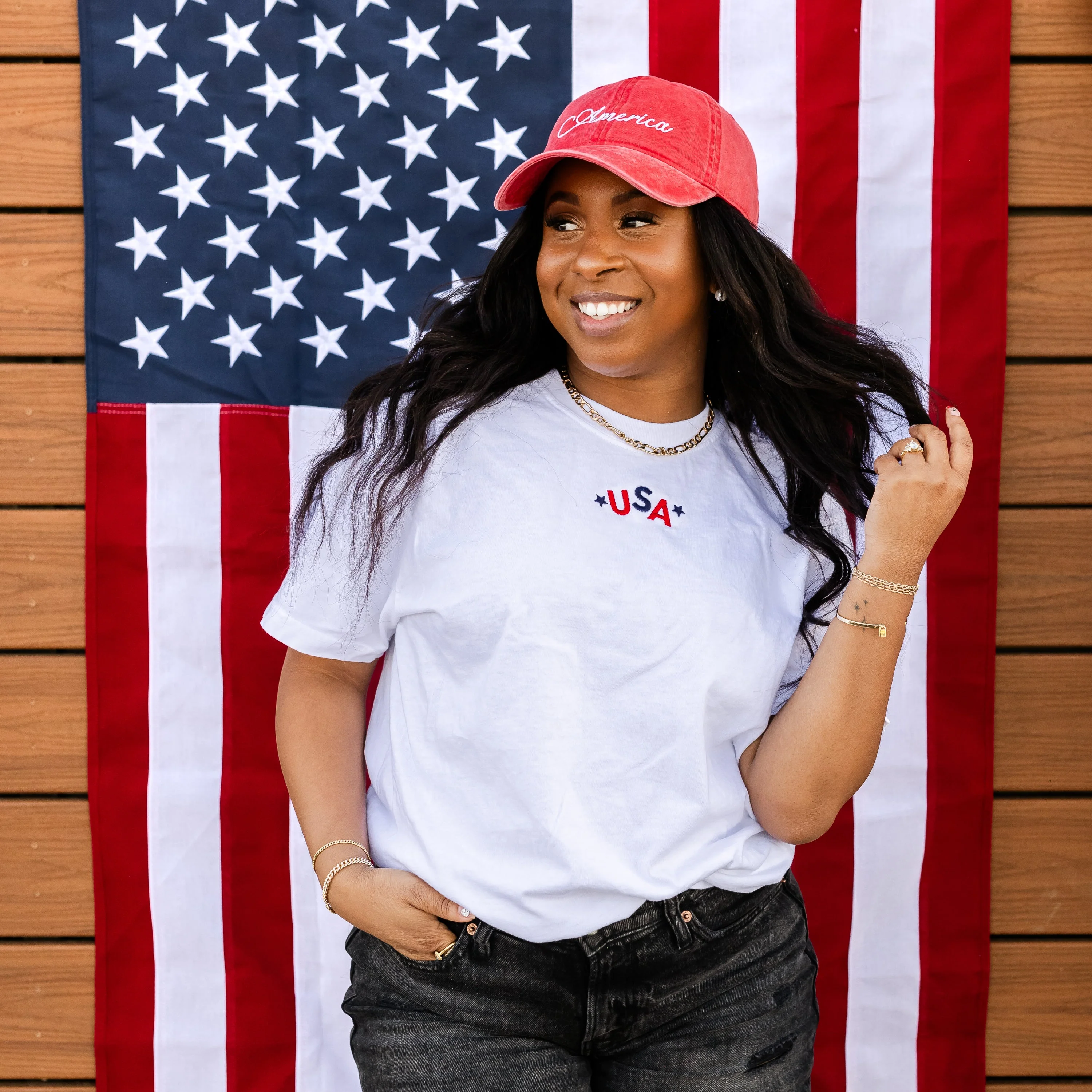 Embroidered Comfort Colors Tee - USA - Tumbling Letters (center)