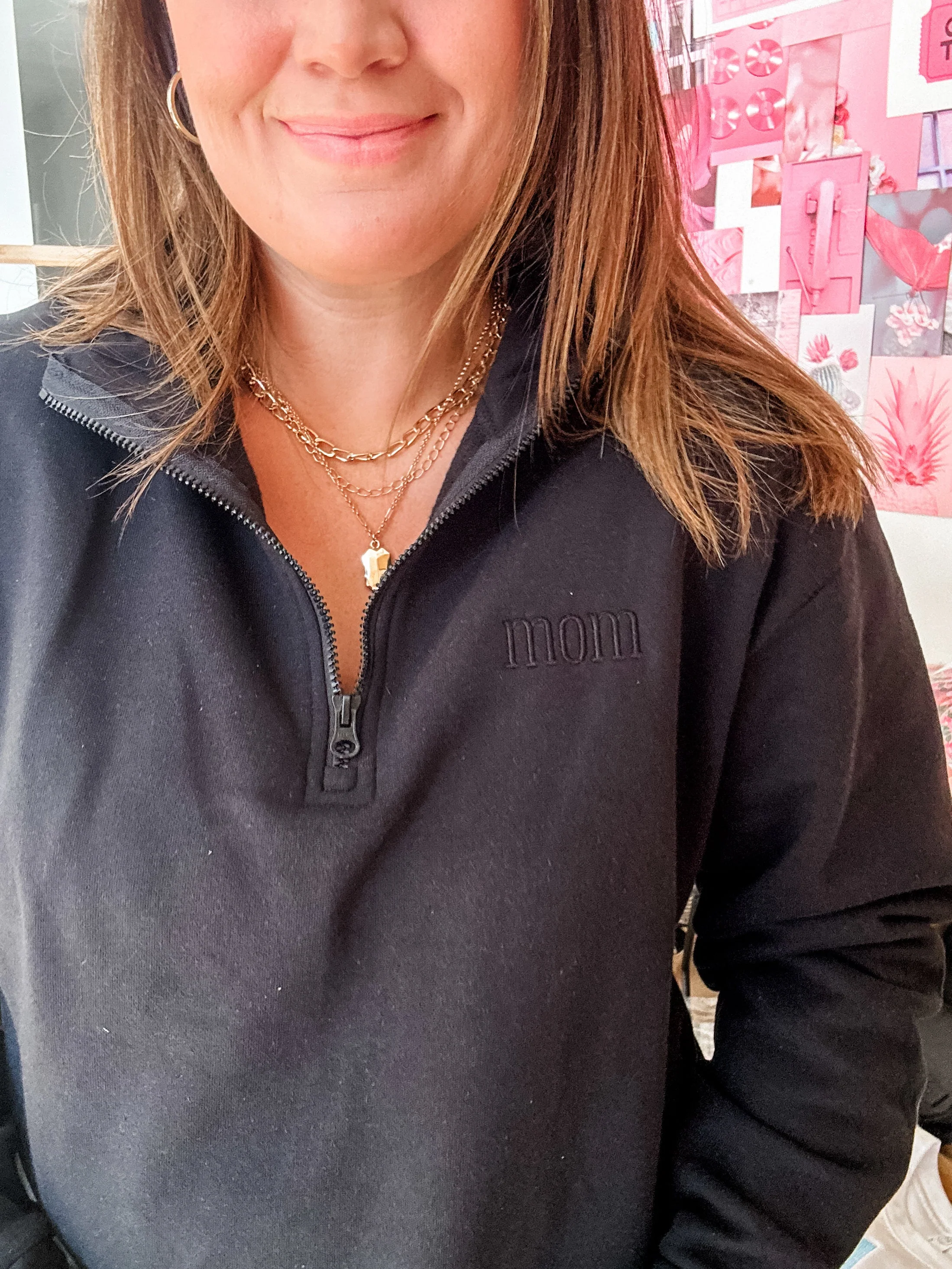 Embroidered Subtle MOM (tone on tone) - Black Quarter Zip Fleece - Image 2