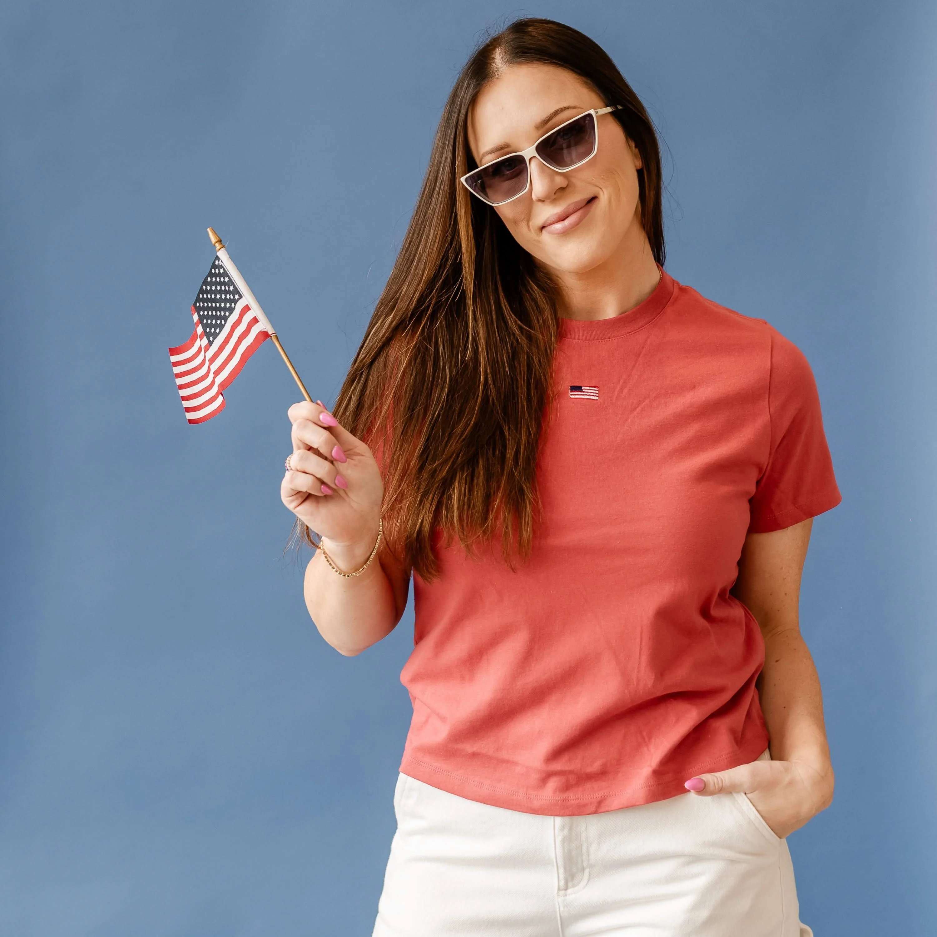 Embroidered Women's Everyday Tee - Tiny Flag (center) - Image 12
