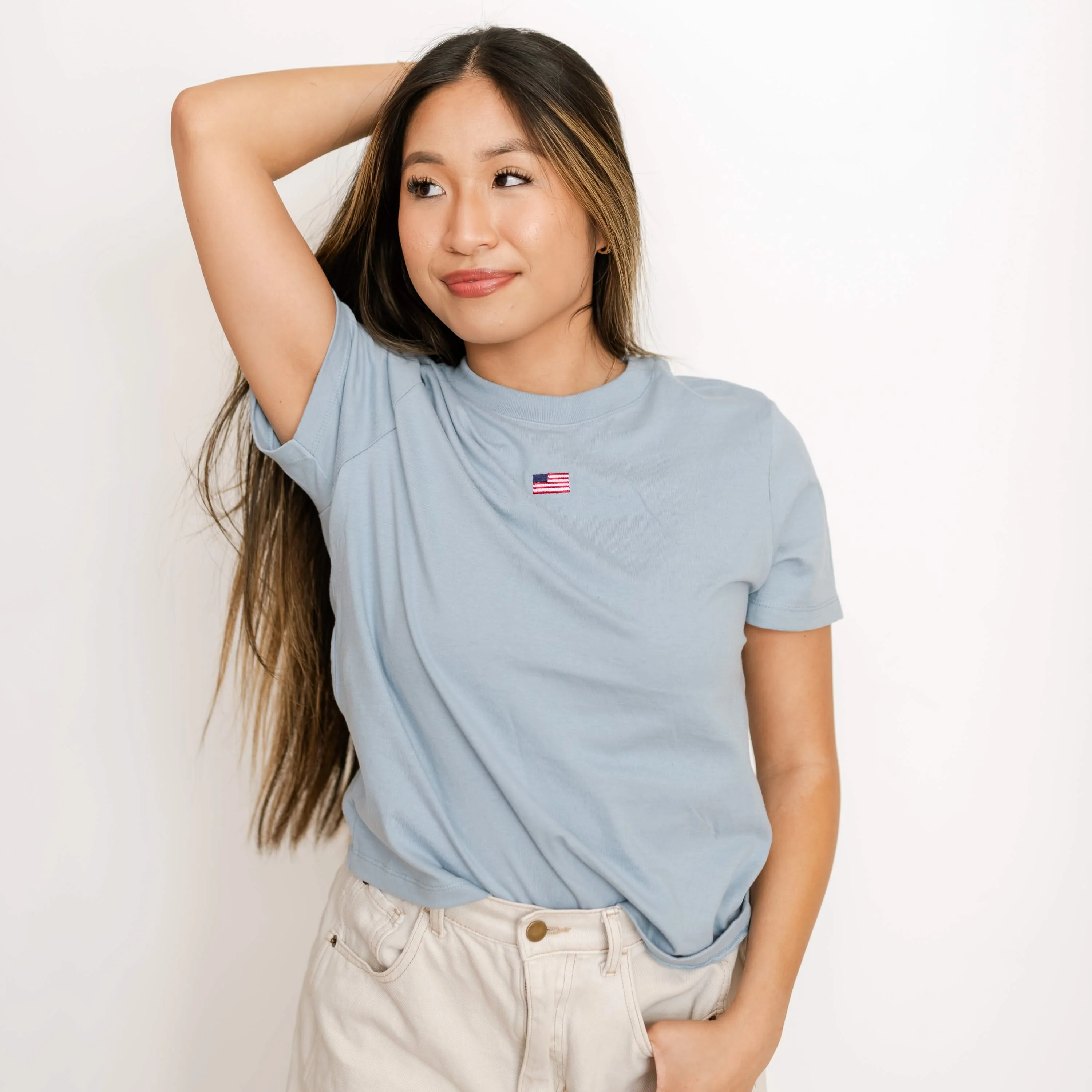 Embroidered Women's Everyday Tee - Tiny Flag (center) - Image 14