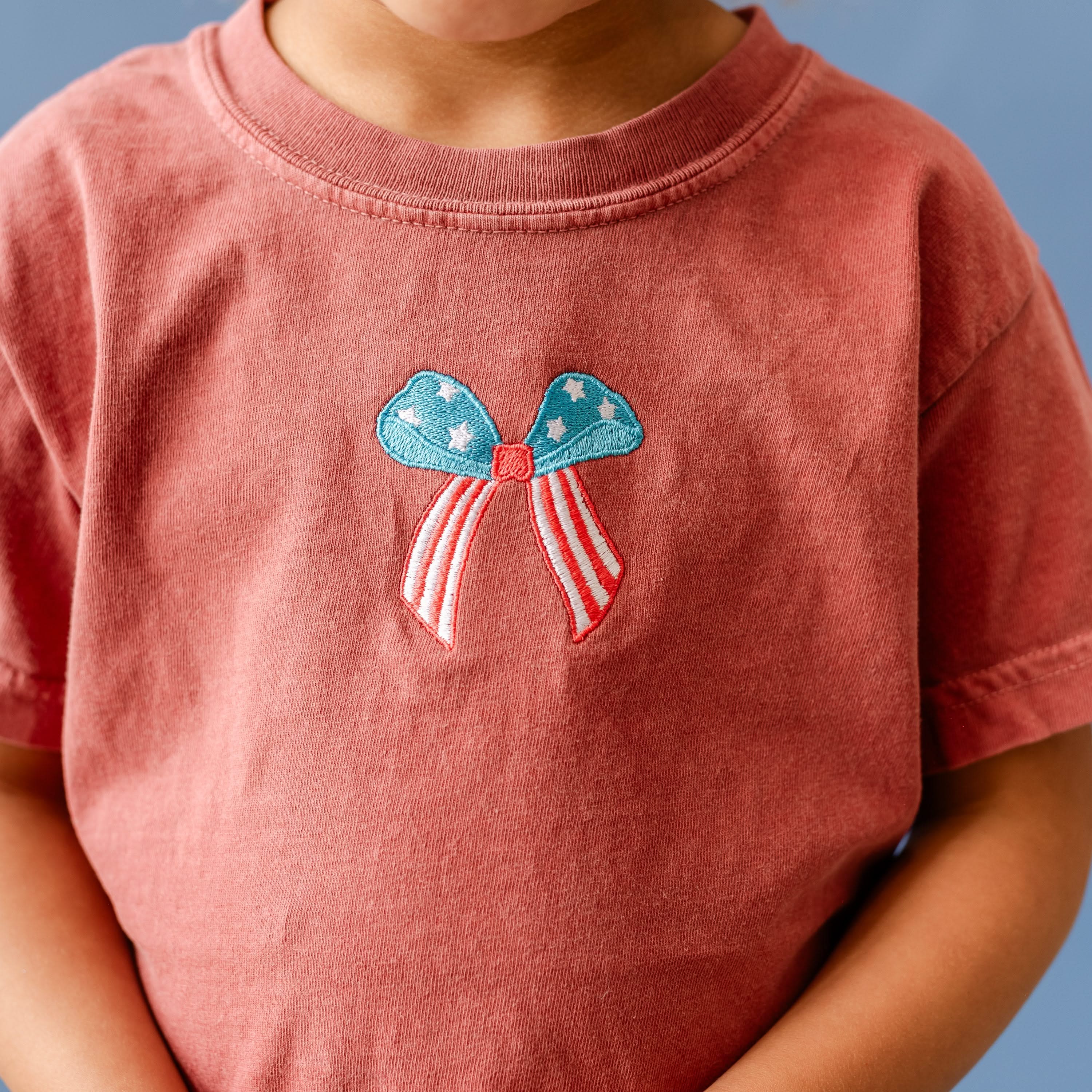 Embroidered YOUTH Comfort Colors Tee - Patriotic Bow (center)