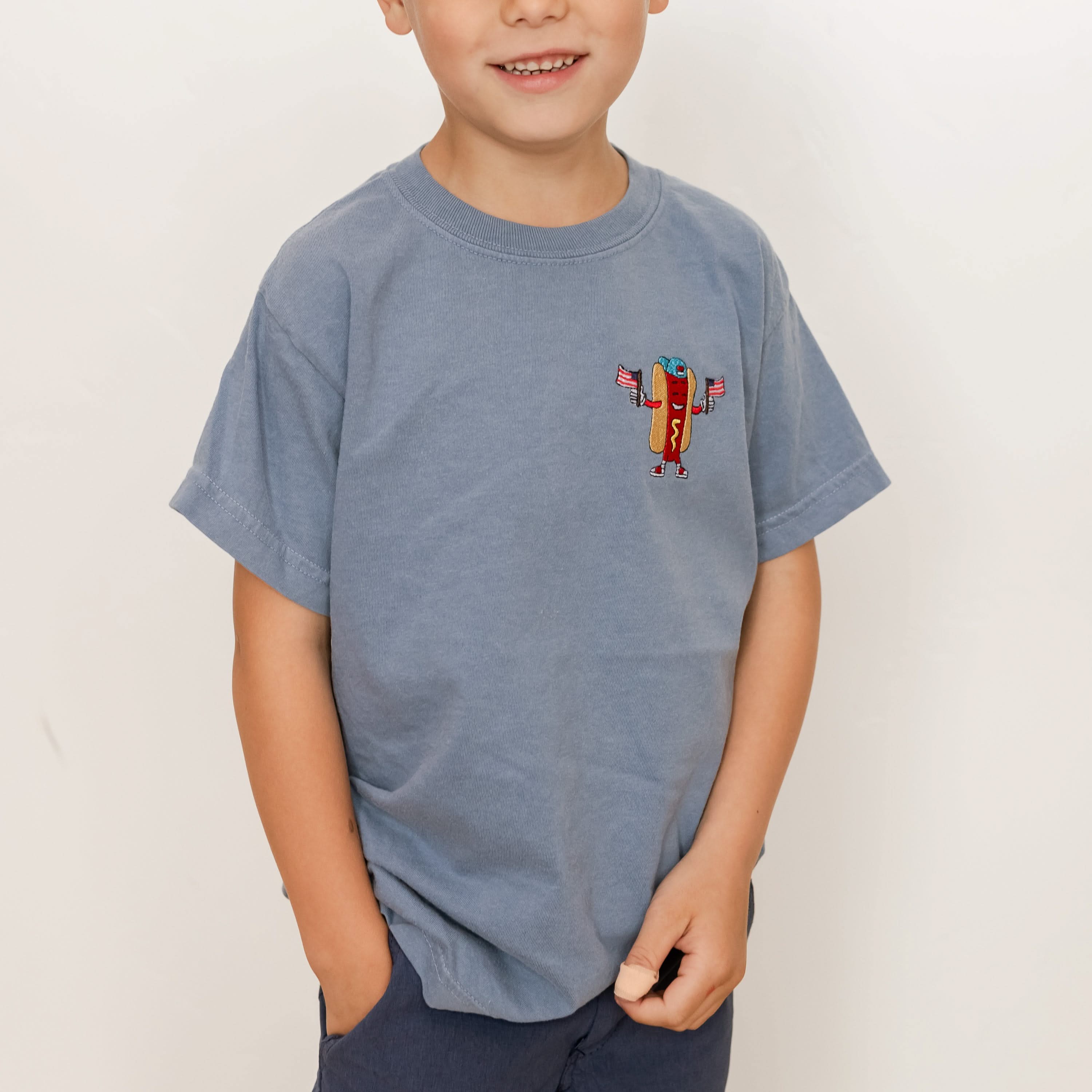 Embroidered YOUTH Comfort Colors Tee - Patriotic Hot Dog (pocket) - Image 4