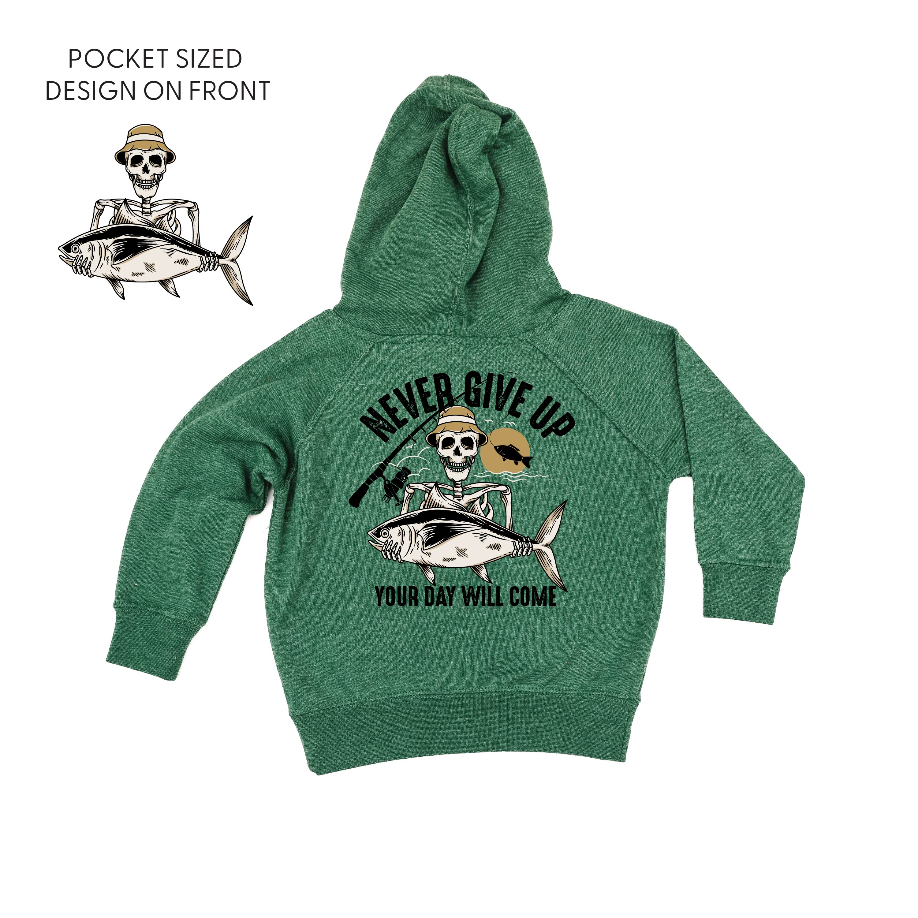 Fishing Skelly - Never Give Up (pf&b) - Child HOODIE - Image 2