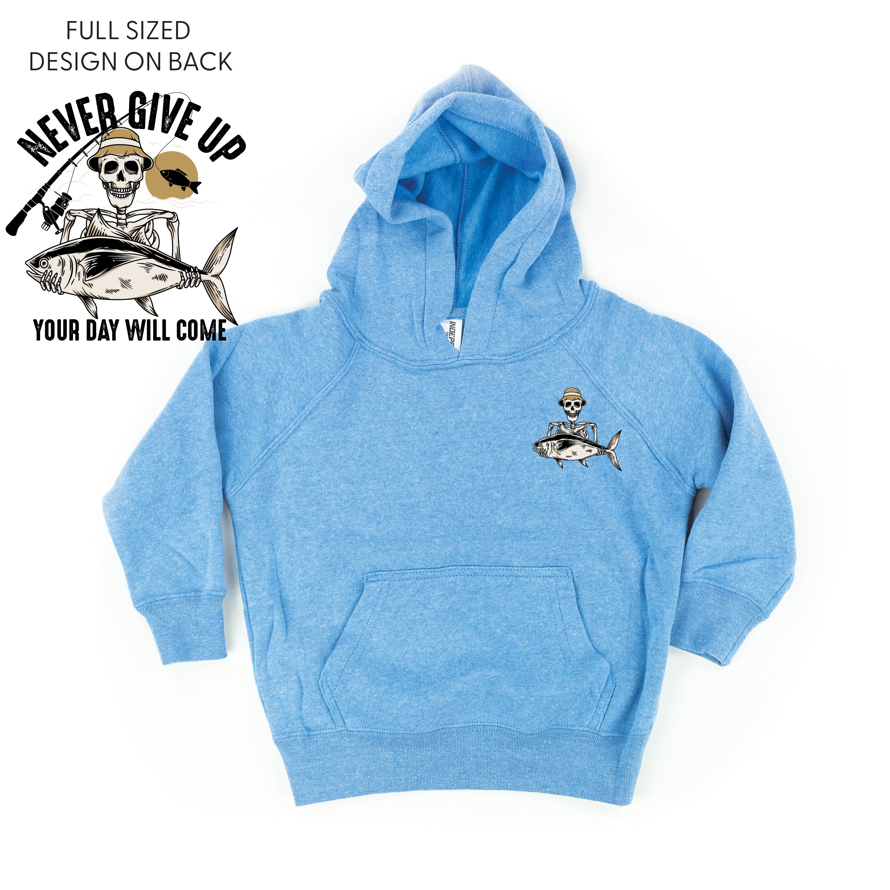 Fishing Skelly - Never Give Up (pf&b) - Child HOODIE - Image 5