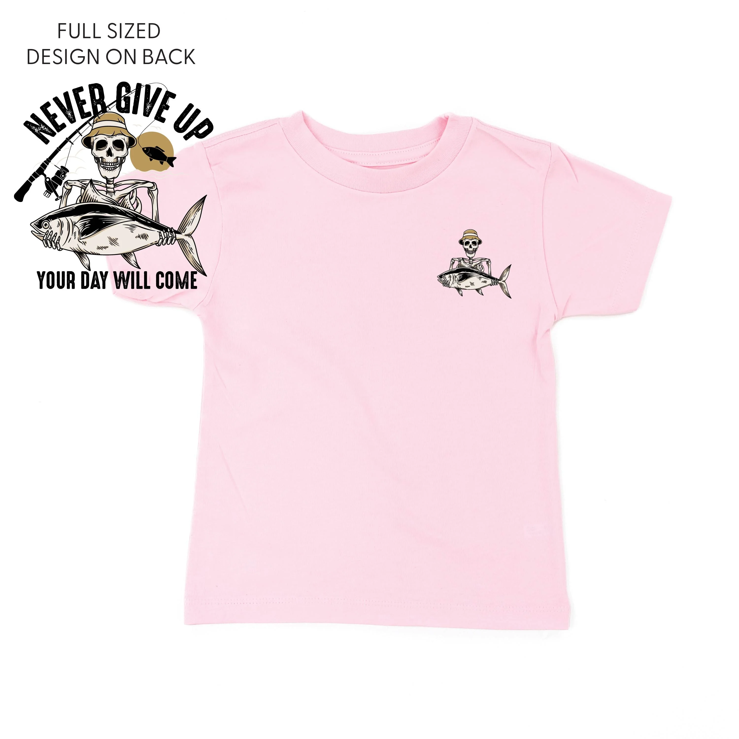 Fishing Skelly - Never Give Up (pf&b) - Child Tee - Image 11