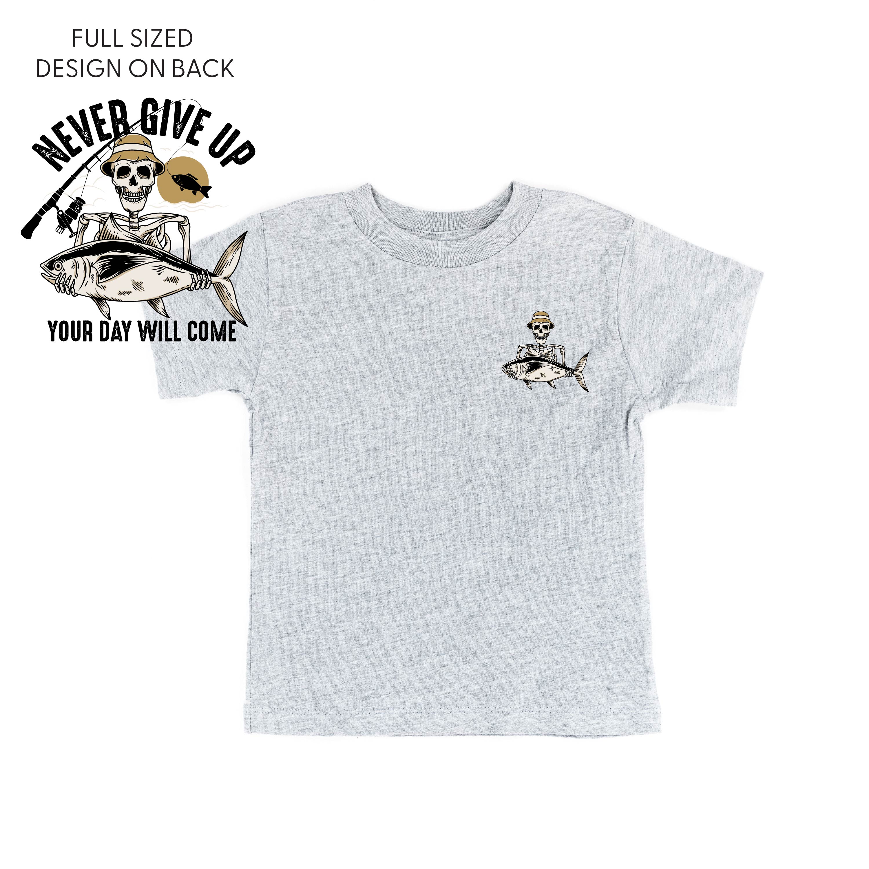 Fishing Skelly - Never Give Up (pf&b) - Child Tee - Image 4