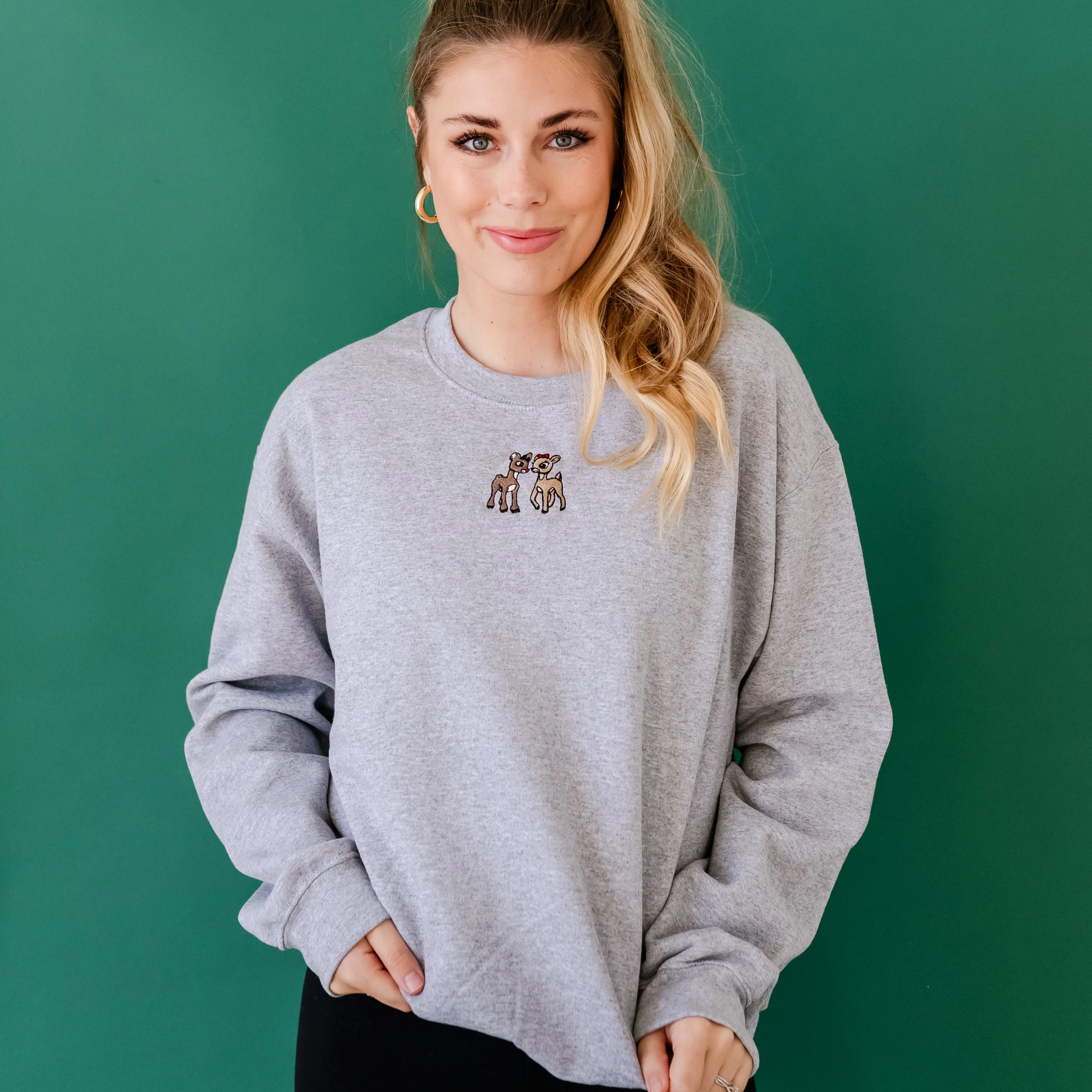 Reindeer Love - Embroidered Gray Basic Fleece - Image 3