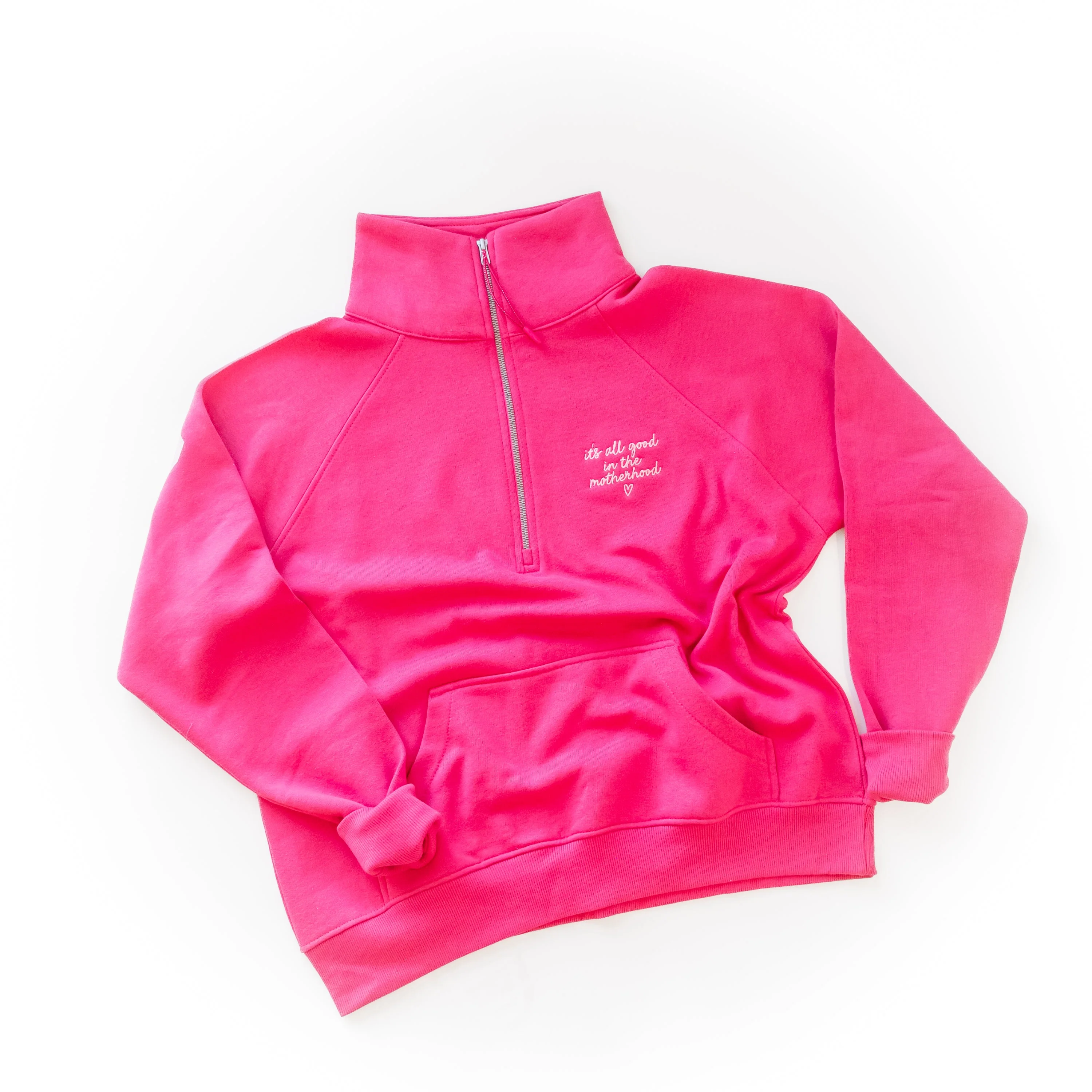 Hot Pink Quarter Zip Fleece - Embroidered It's All Good in the Motherhood w/ oversized MOTHERHOOD - Image 4