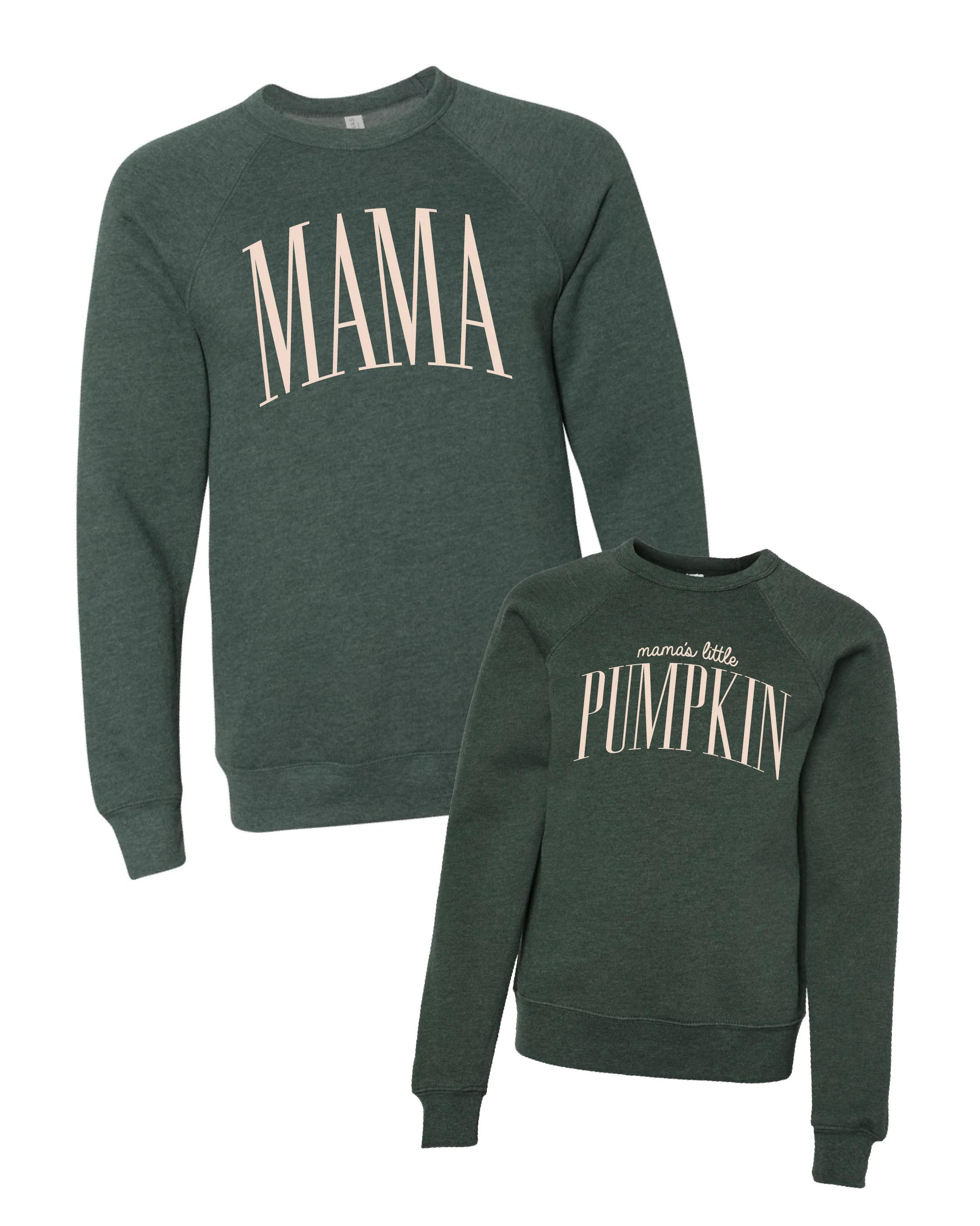MAMA / Mama's Little Pumpkin - Tall Varsity - Heather Forest w/ Cream - Set of 2 Bella Sponge Fleece - Image 5