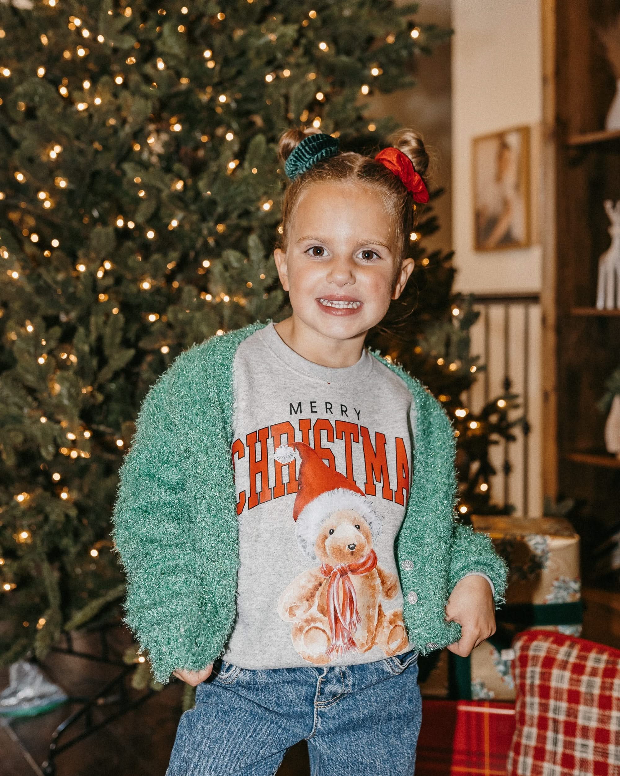 Merry Christmas Teddy Gray Child Sweater – Holiday Bear Sweatshirt | Little Mama Shirt Shop