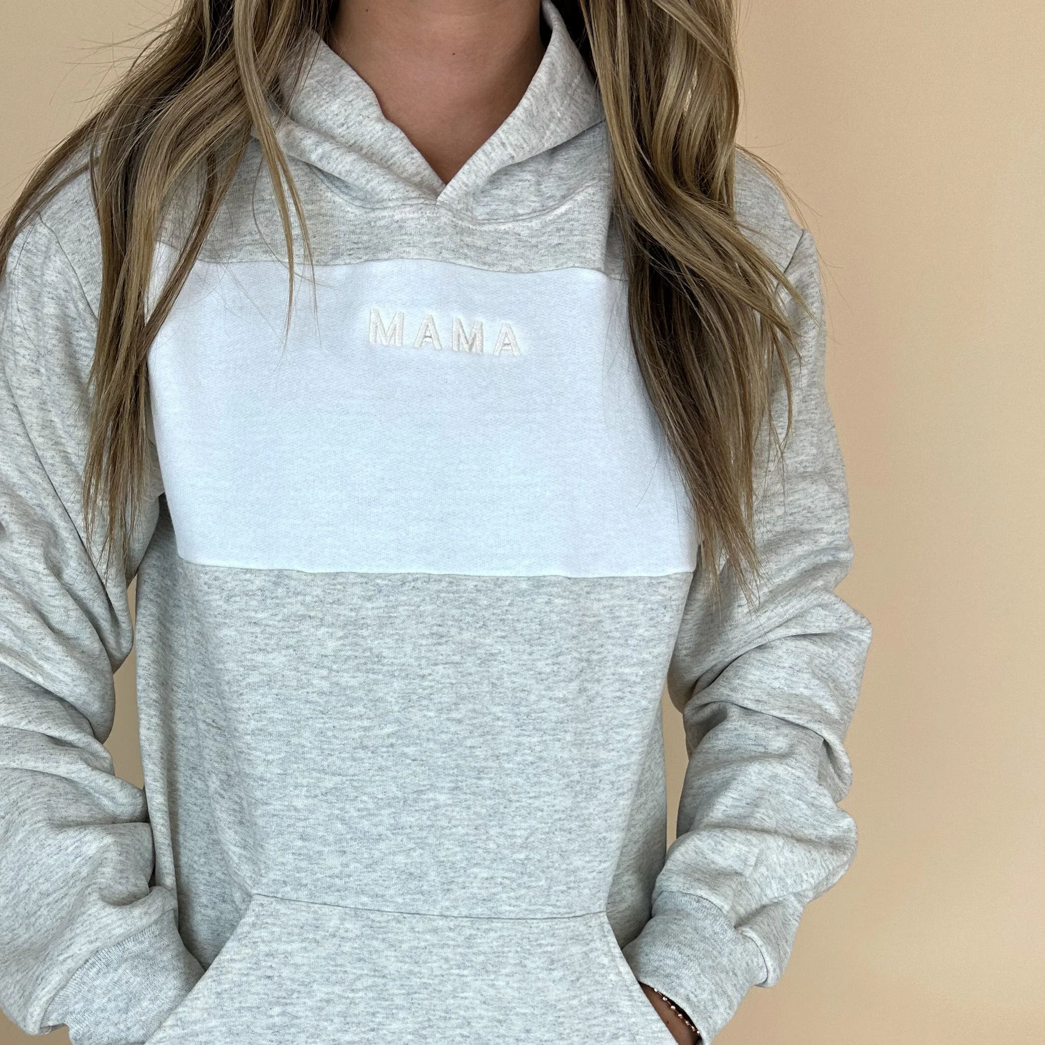 Colorblock Hoodie - Oatmeal + White  - Embroidered MAMA (Cream Thread) - Image 7