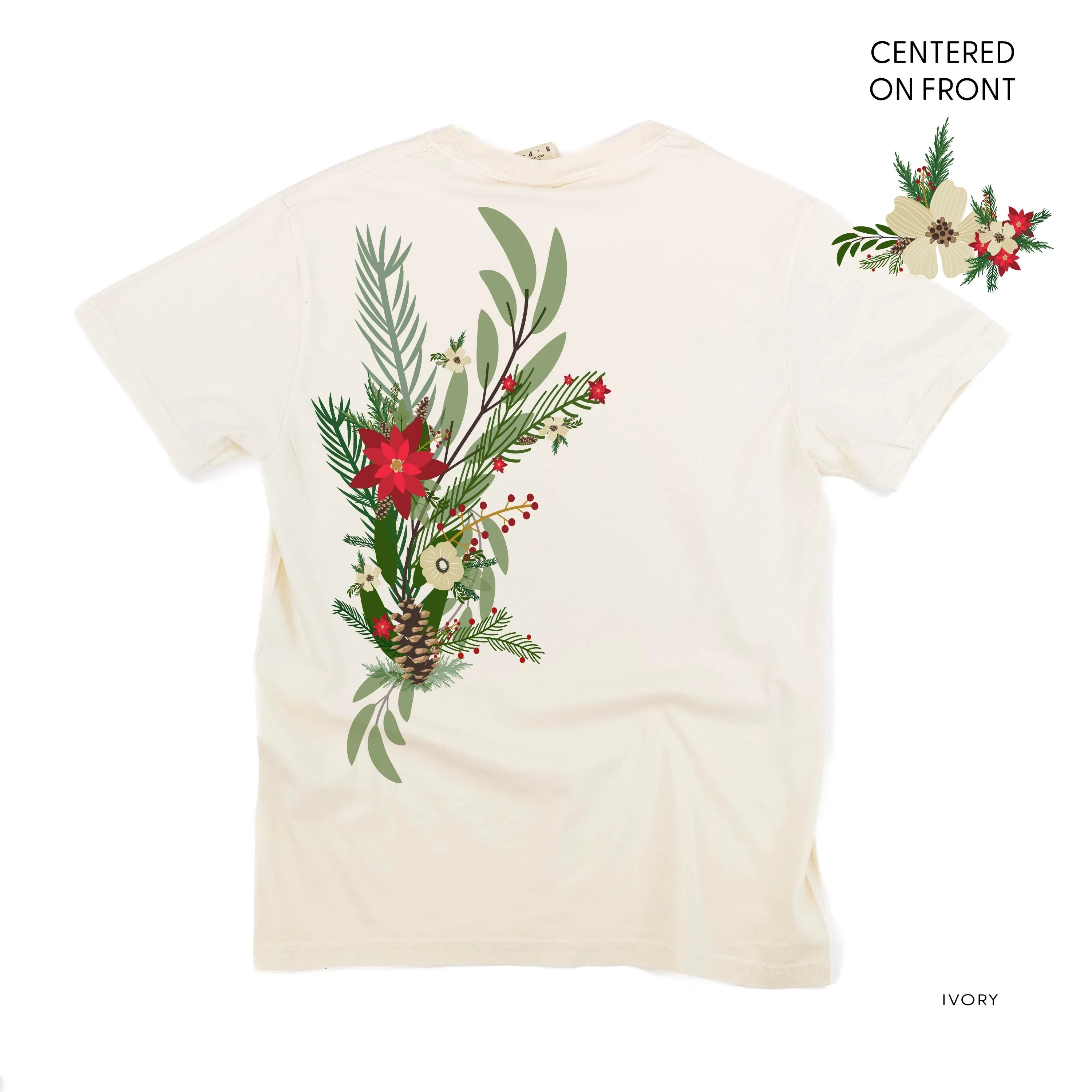 Poinsettia & Winter Flower Cascade (centered & b) - Comfort Colors Tee - Image 2