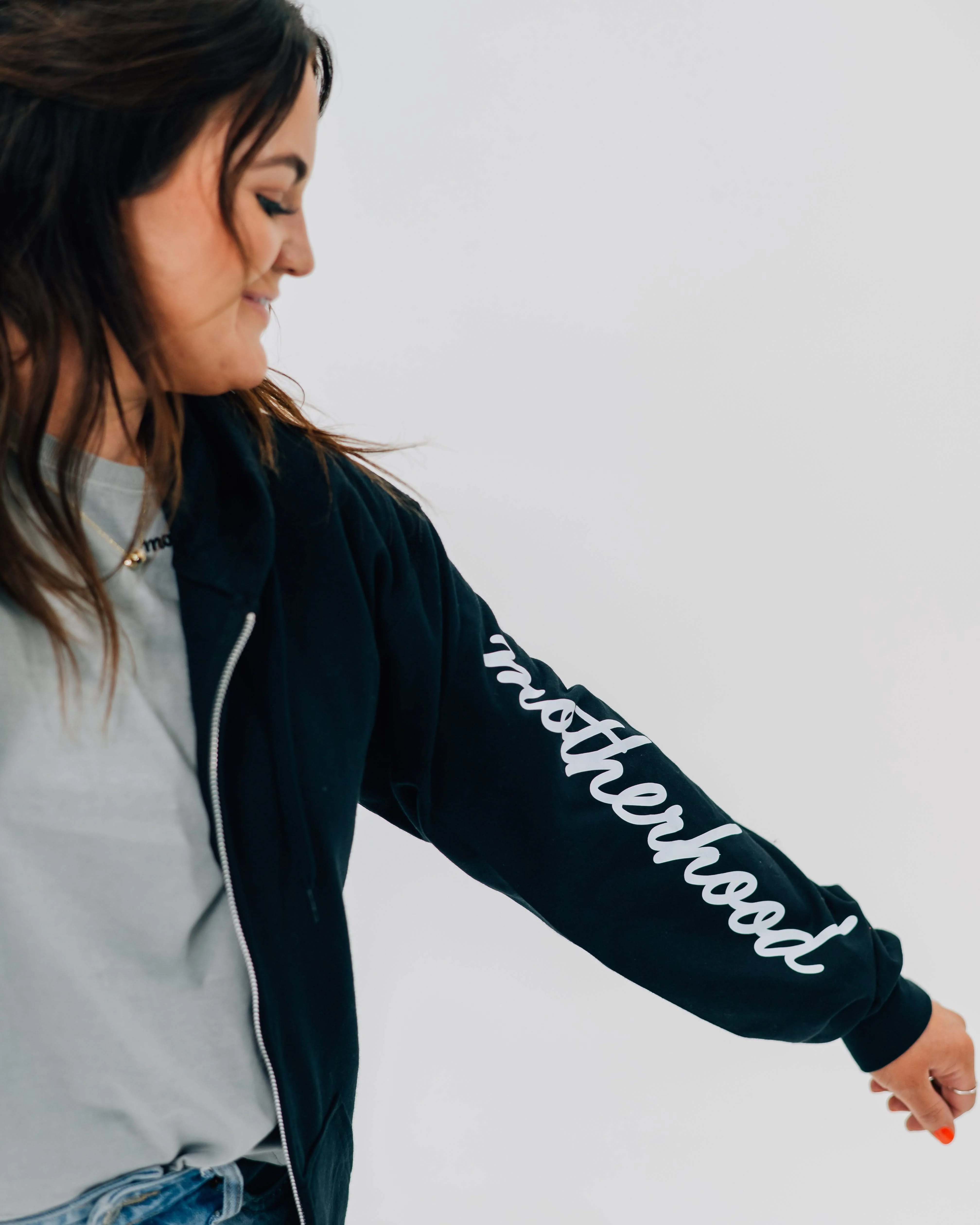 Redefine Motherhood – Sleeve Design - Women's Full Zip Sweatshirt | Little Mama Shirt Shop - Image 3